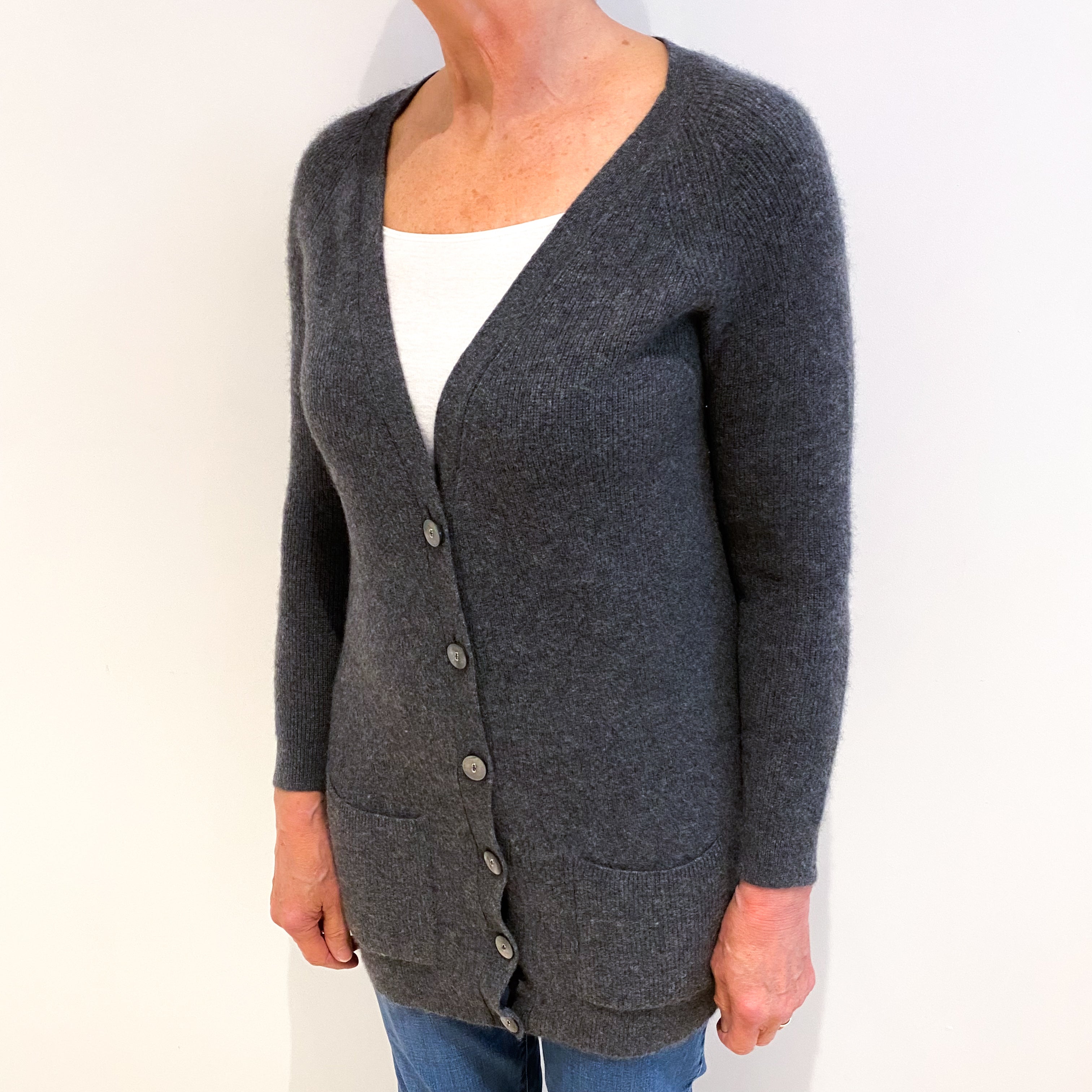 Slate Grey Cashmere Longline Cardigan With Pockets Medium