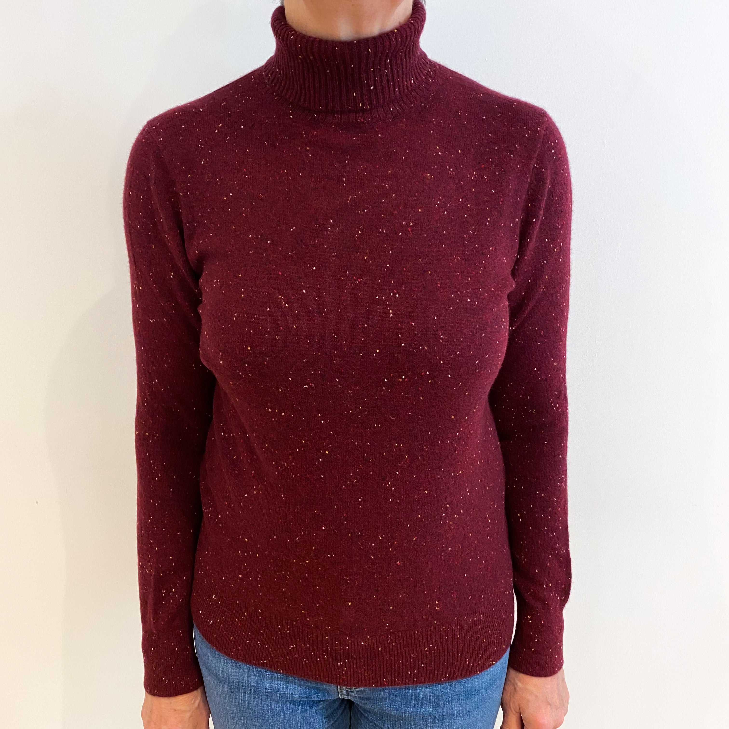 Wine Red Fleck Cashmere Polo Neck Jumper Medium