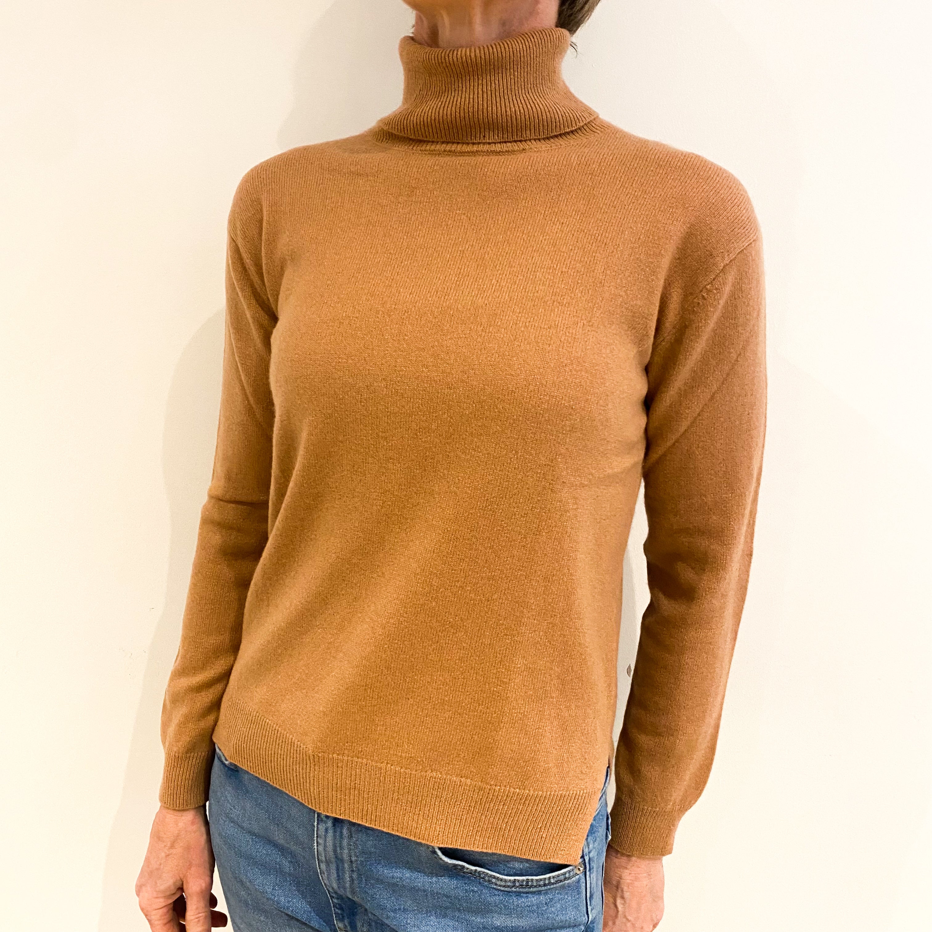 Deep Peach Pink Cashmere Polo Neck Jumper Small
