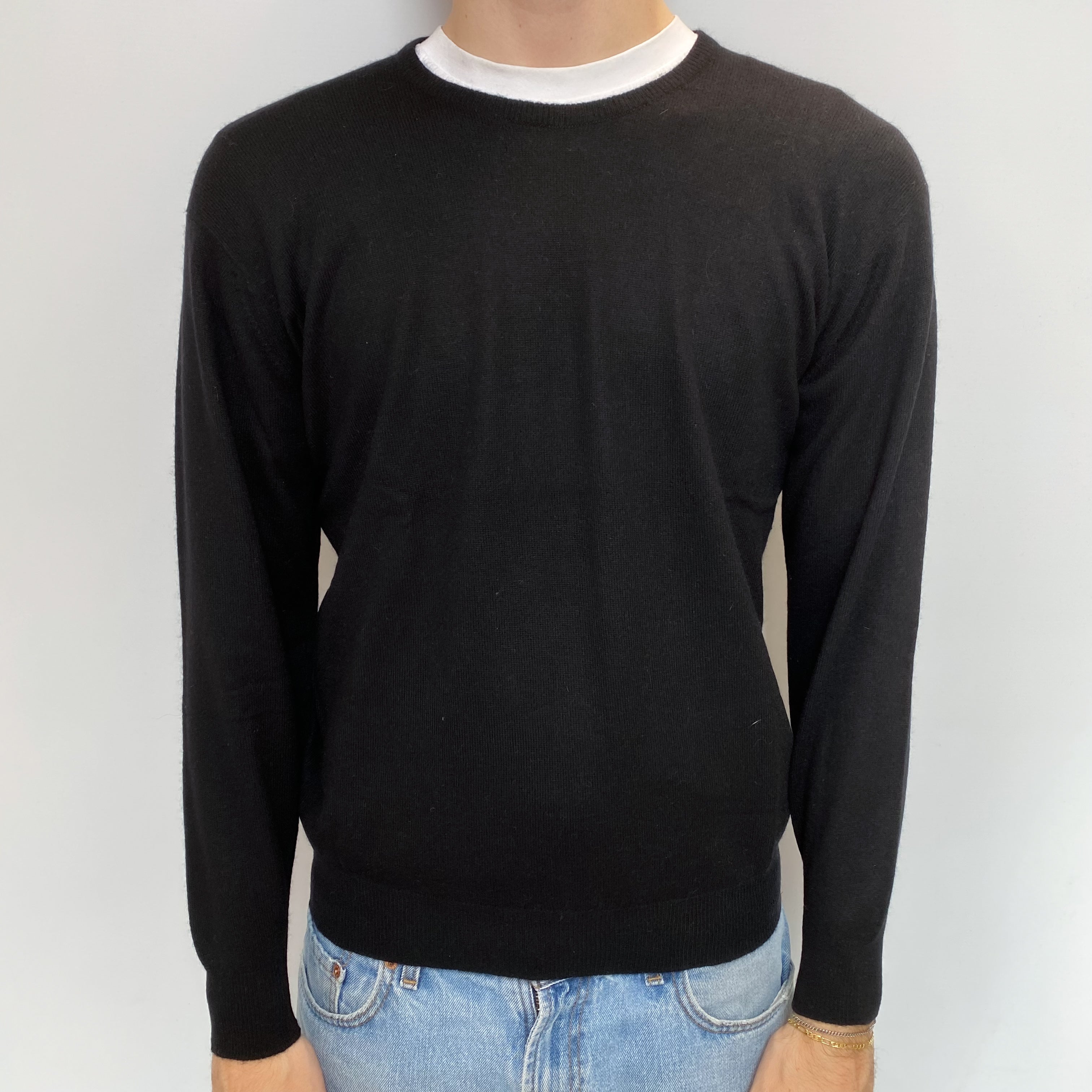 Men's Black Cashmere Crew Neck Jumper Medium