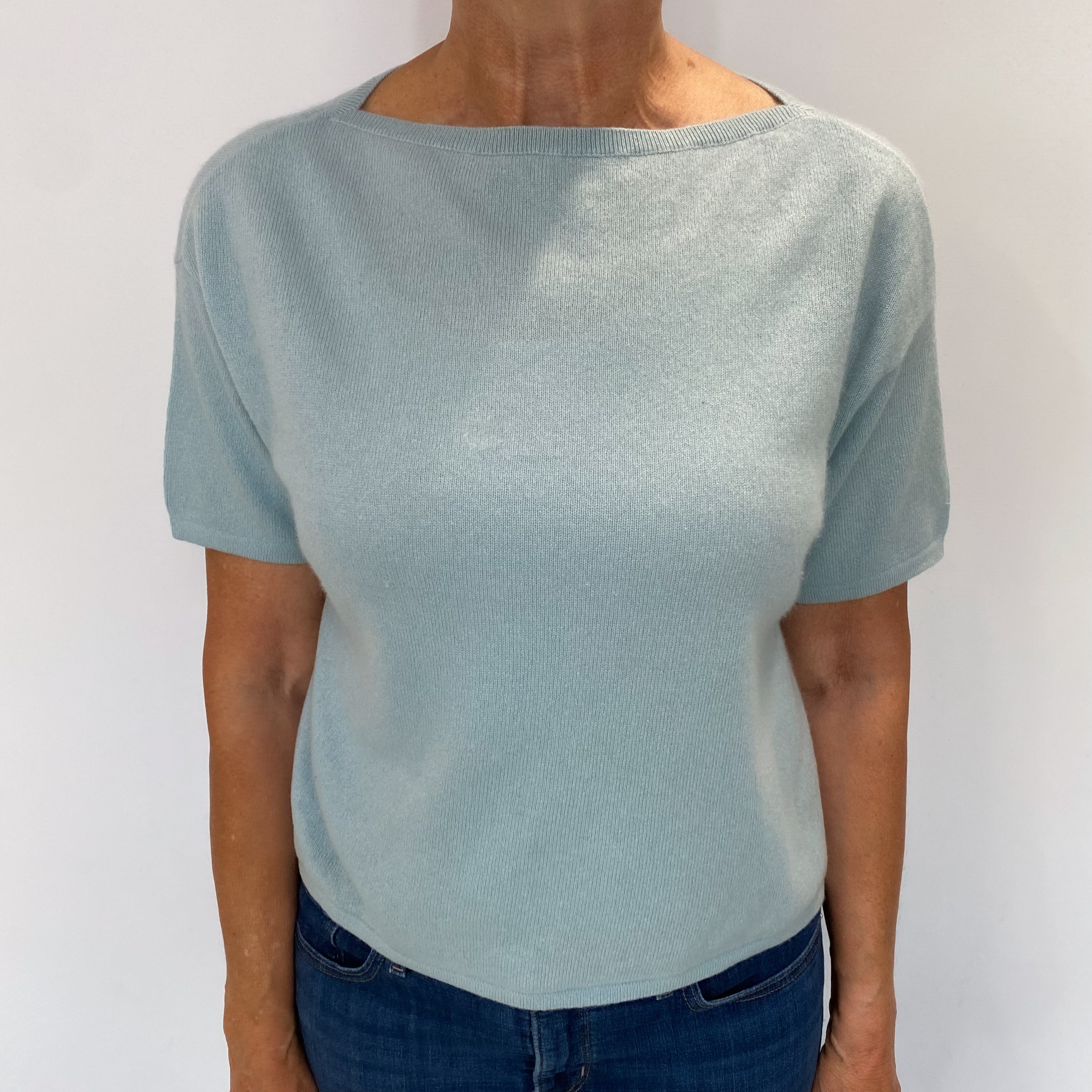 Opal Blue Cashmere Short Sleeved Crew Neck Jumper Medium