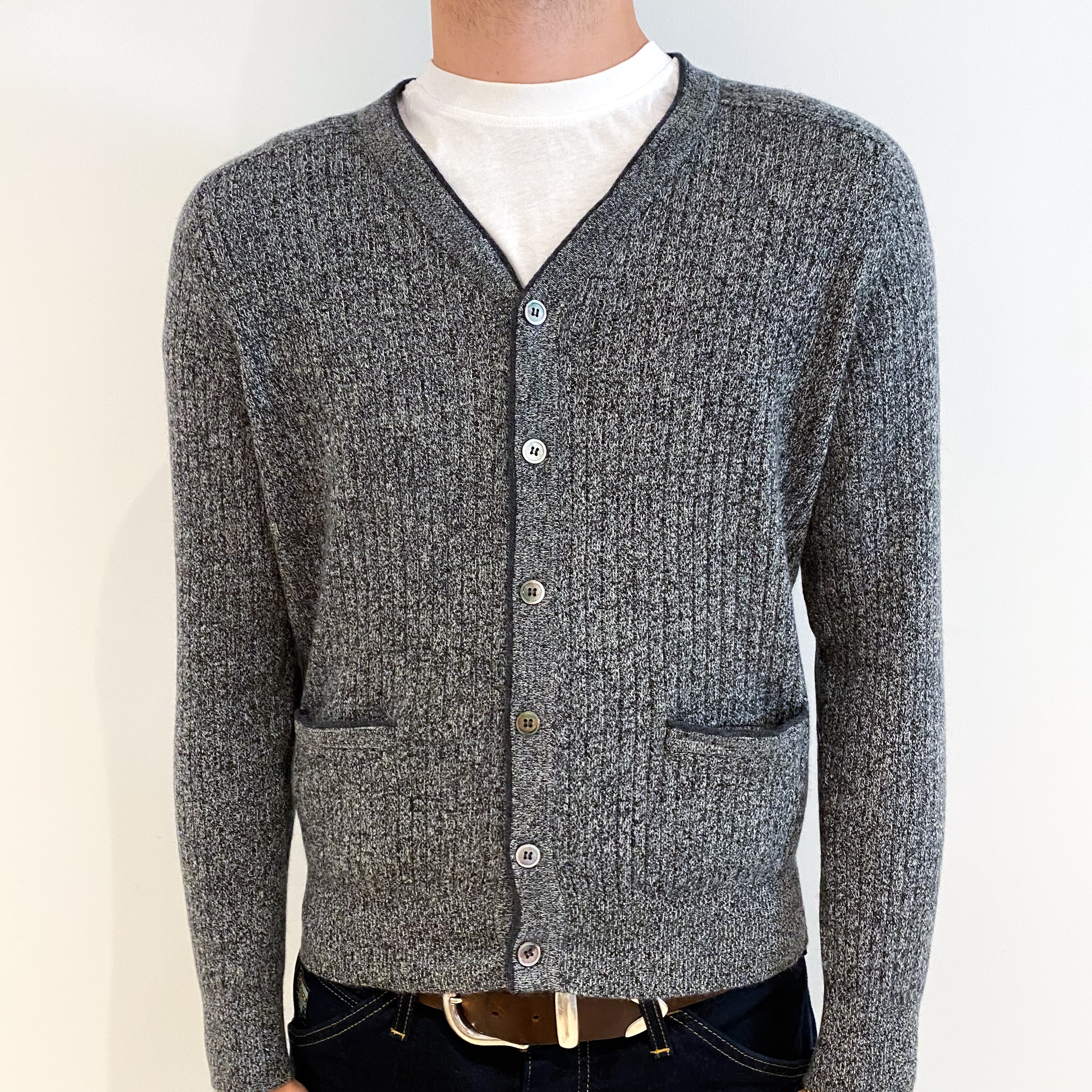 Men's Grey Marl Cashmere V-Neck Cardigan Medium