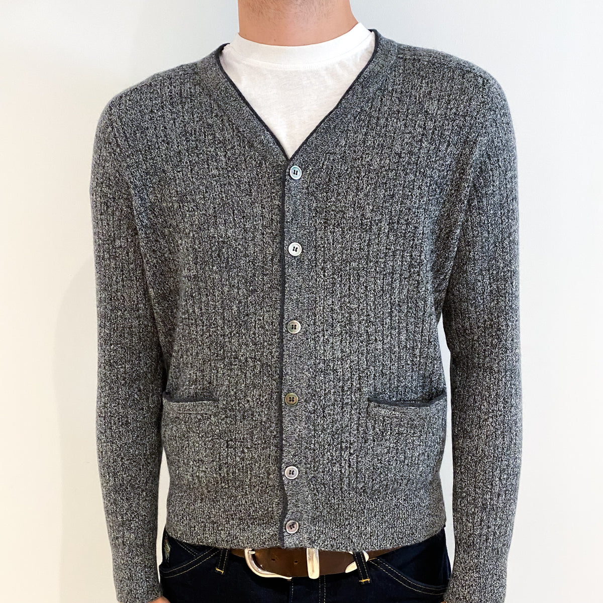 Men's Grey Marl Cashmere V-Neck Cardigan Medium