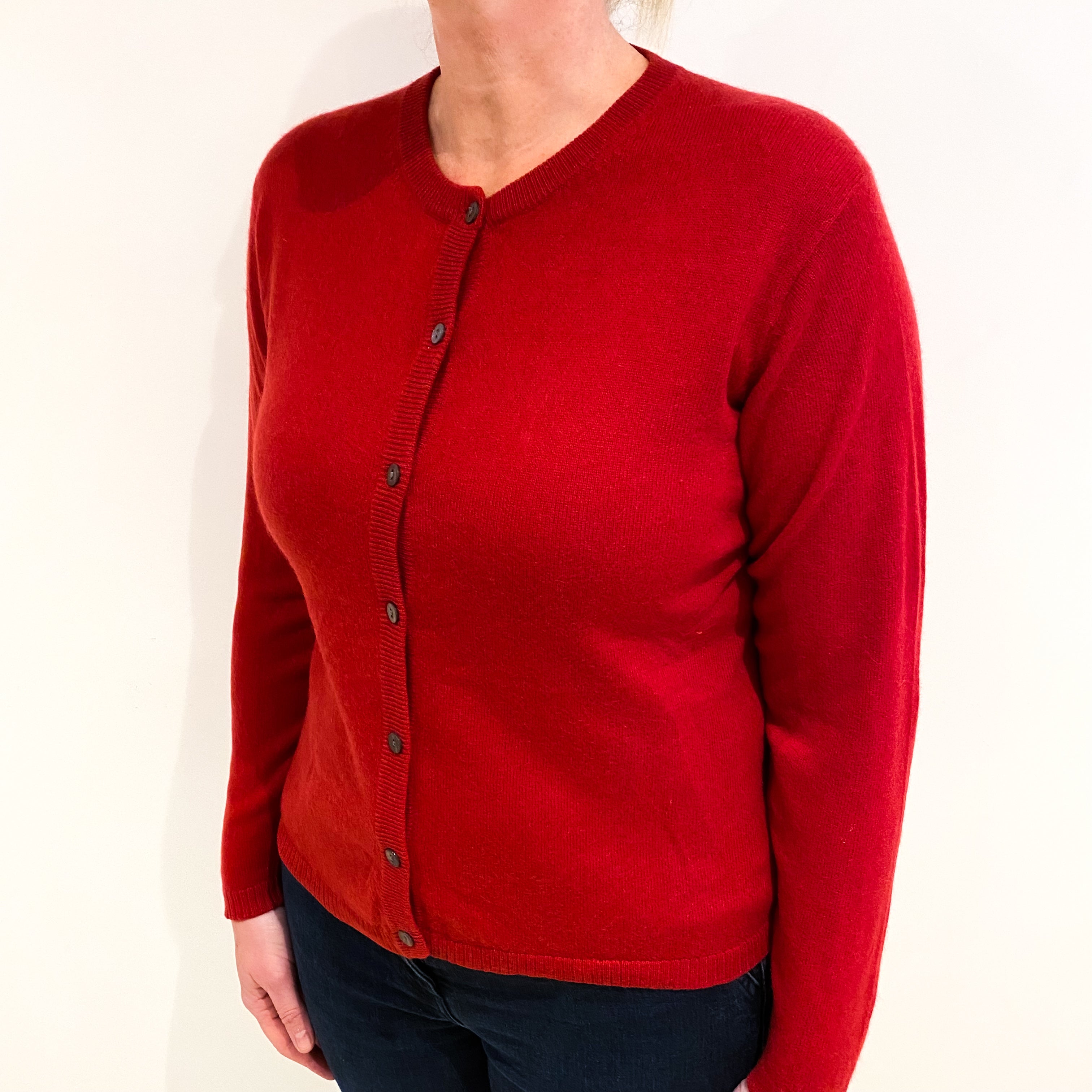 Post Box Red Cashmere Crew Neck Cardigan Large
