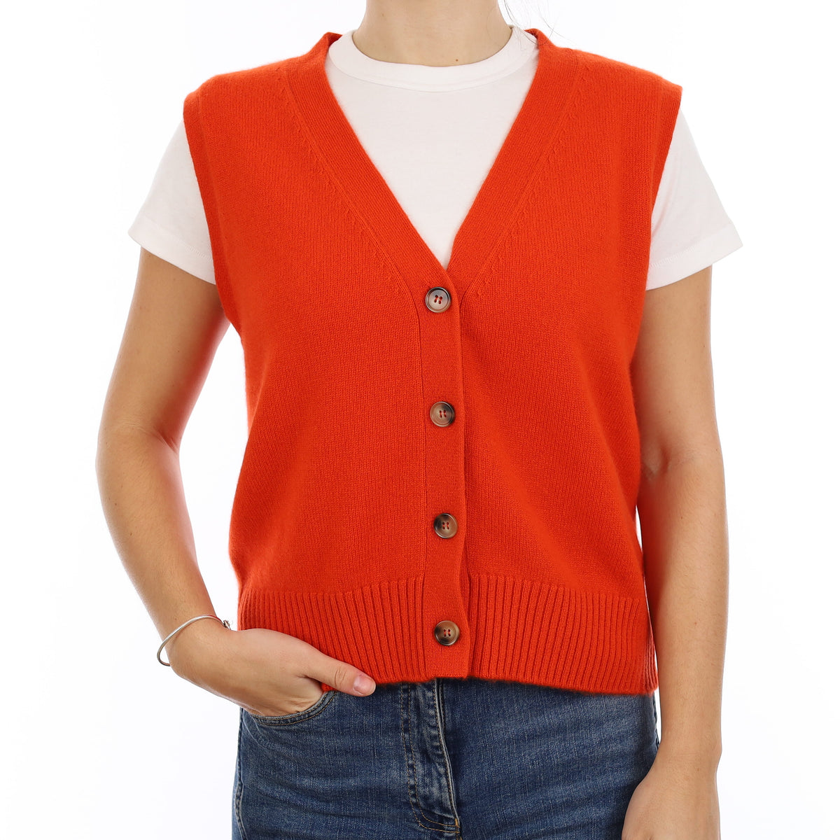 Brand New Sunburst Orange Luxury Cashmere V Neck Waistcoat Medium UK 12-14