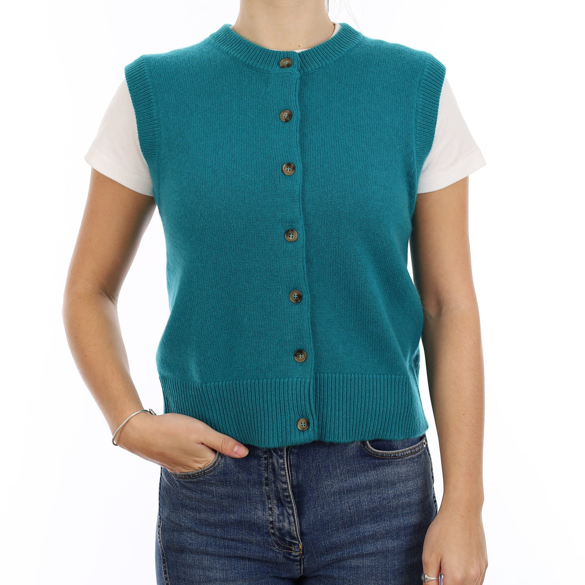 Brand New Teal Luxury Cashmere Crew Neck Waistcoat Medium UK 12-14