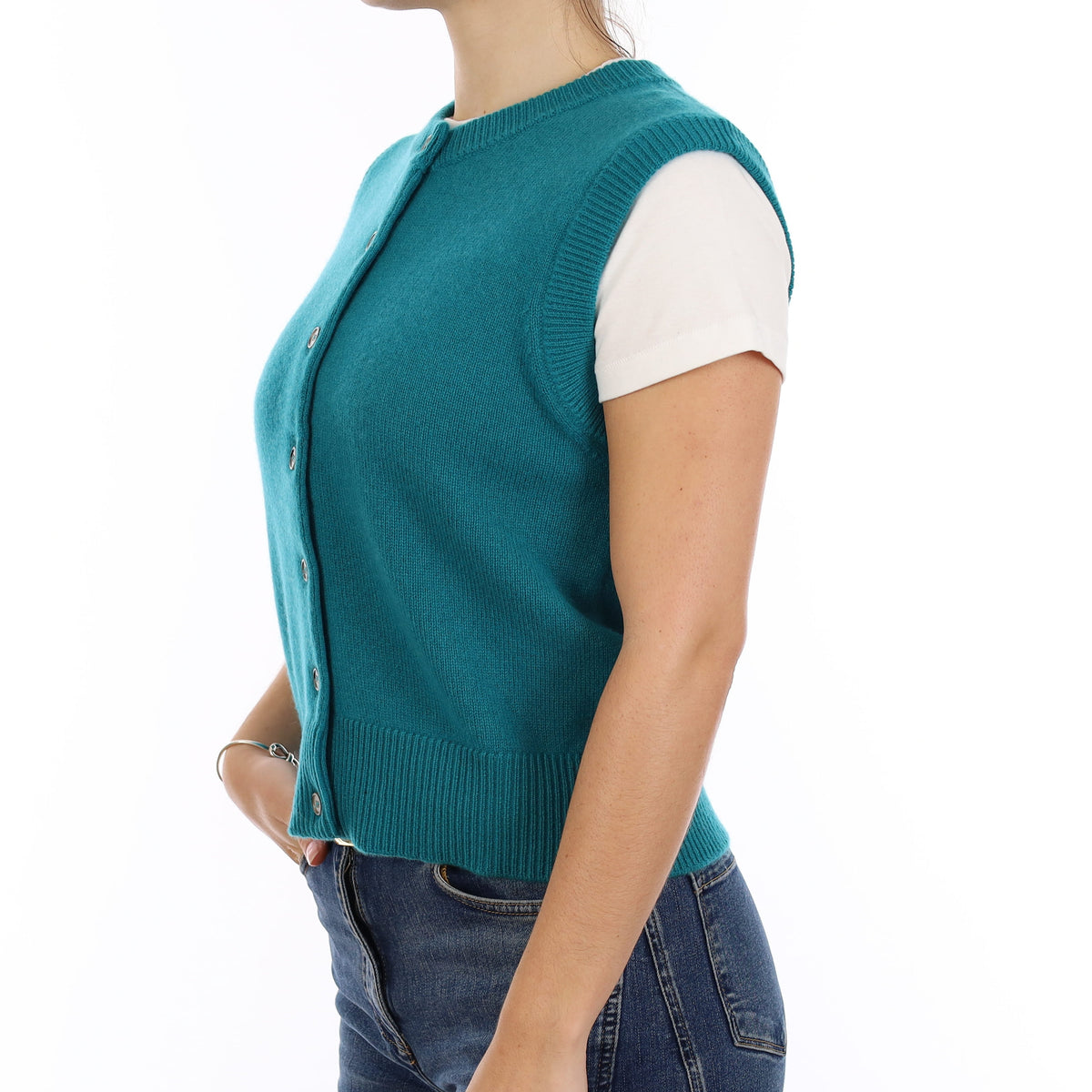 Brand New Teal Luxury Cashmere Crew Neck Waistcoat Medium UK 12-14