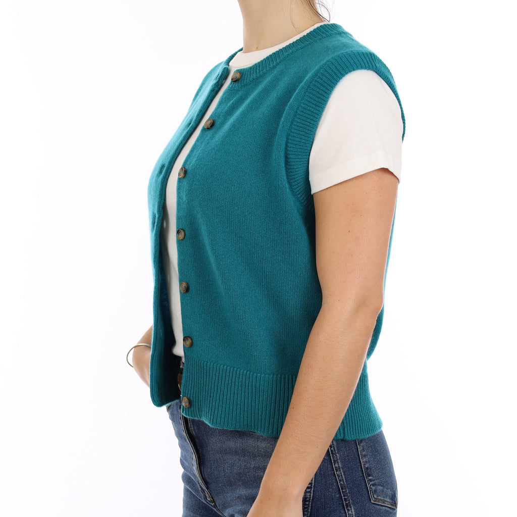 Brand New Teal Luxury Cashmere Crew Neck Waistcoat Medium UK 12-14