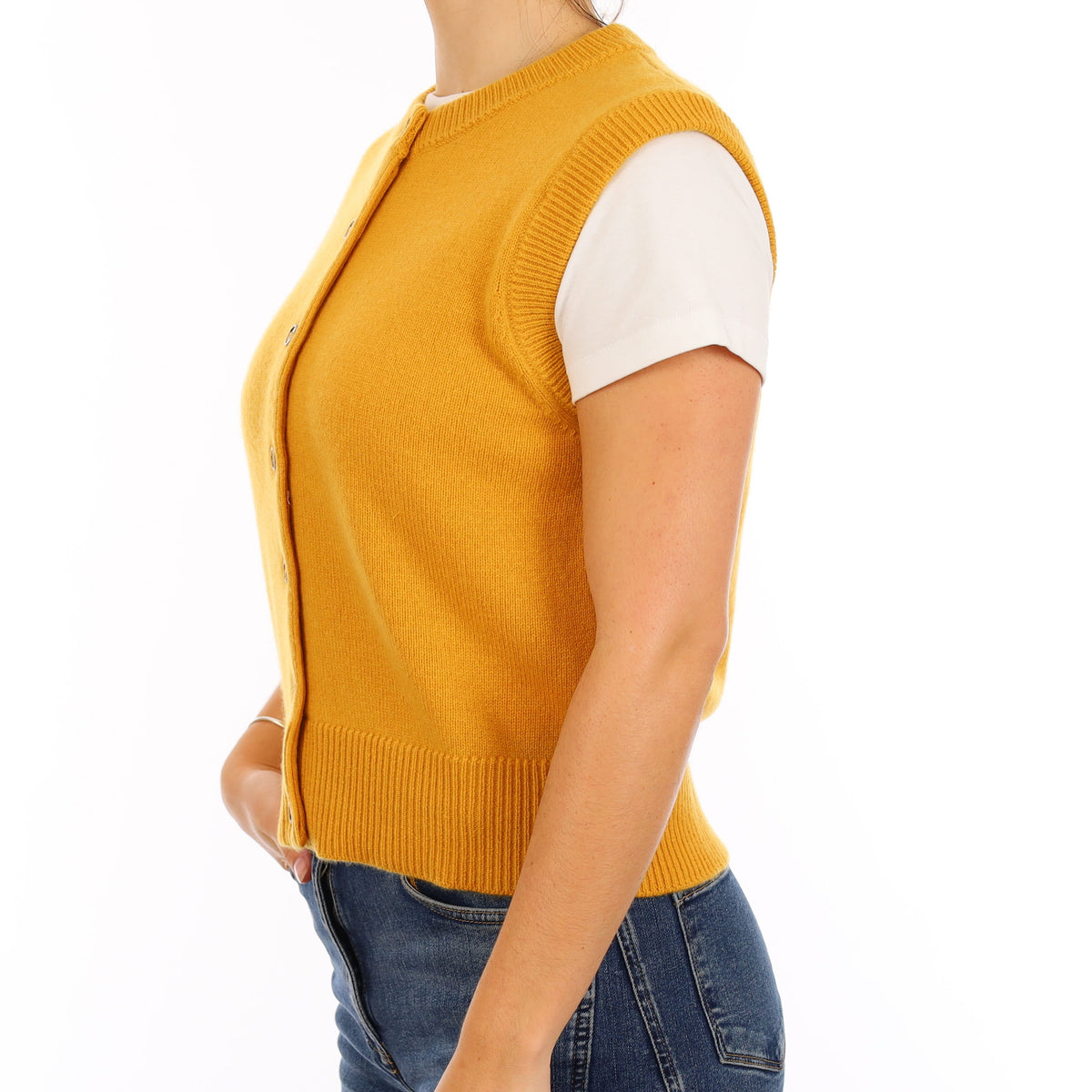 Brand New Mustard Yellow Luxury Cashmere Crew Neck Waistcoat Medium UK 12-14