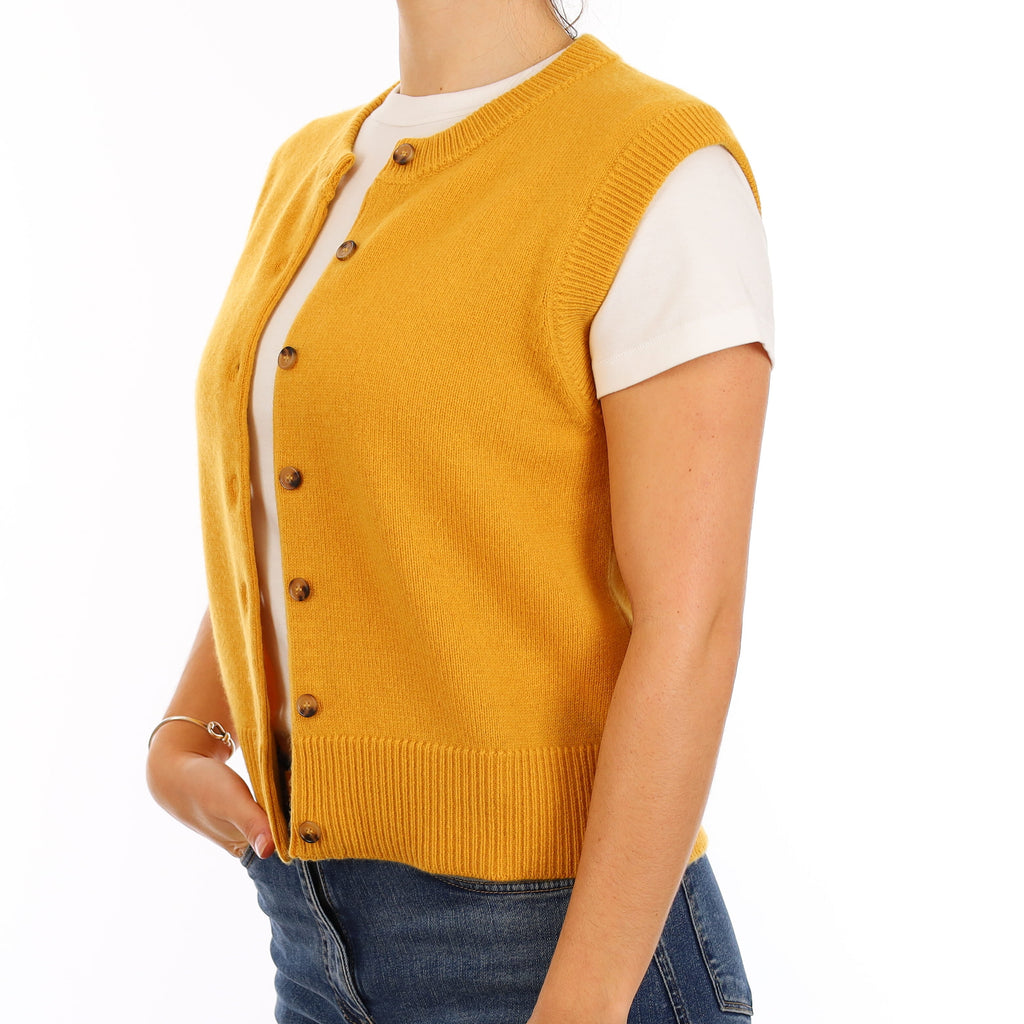 Brand New Mustard Yellow Luxury Cashmere Crew Neck Waistcoat Medium UK 12-14