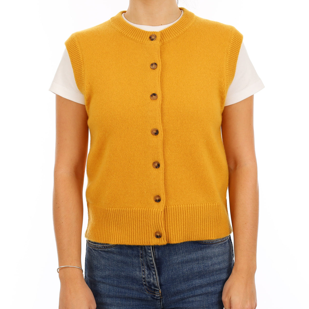 Brand New Mustard Yellow Luxury Cashmere Crew Neck Waistcoat Medium UK 12-14