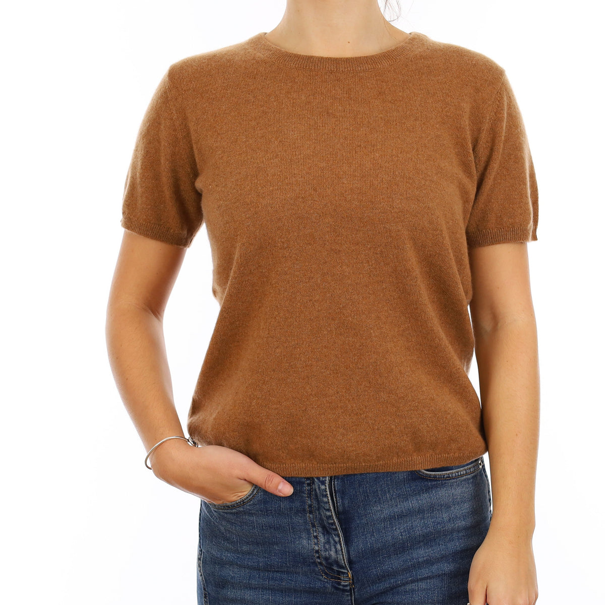 Brand New Harvest Brown Cashmere Crew Neck T-Shirt Medium UK 12-14