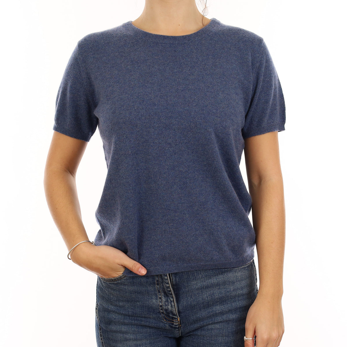 Brand New Denim Blue Cashmere Crew Neck T-Shirt Medium UK 12-14