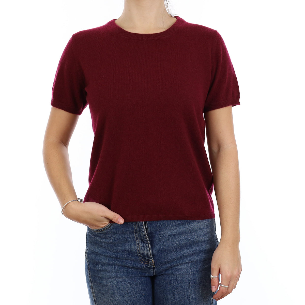Brand New Wine Red Cashmere Crew Neck T-Shirt Medium UK 12-14