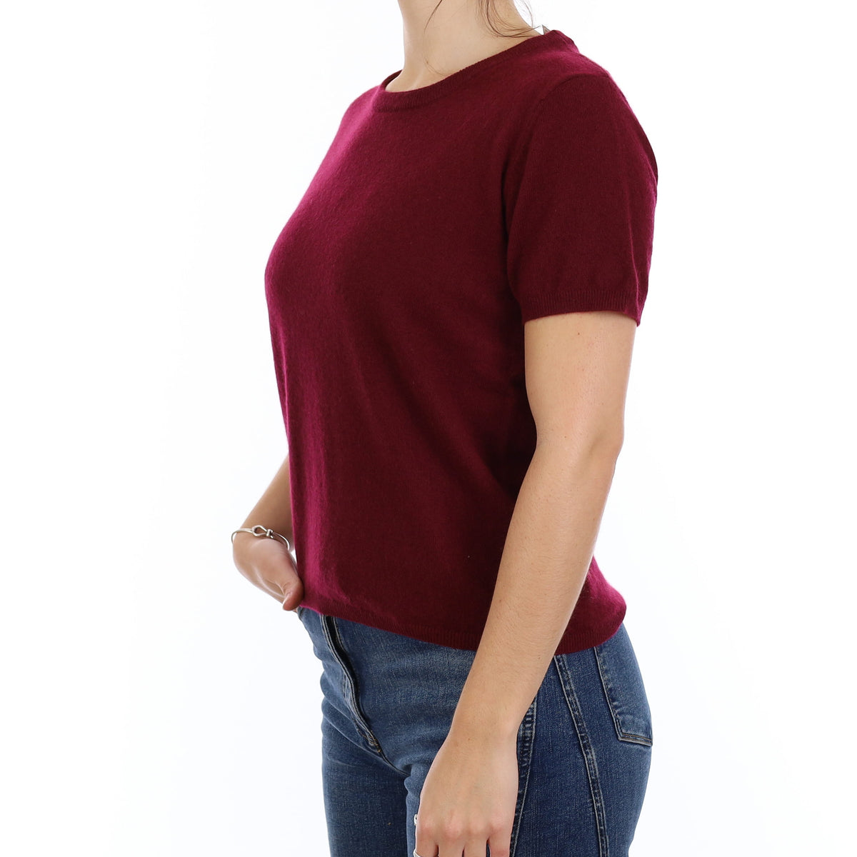 Brand New Wine Red Cashmere Crew Neck T-Shirt Medium UK 12-14