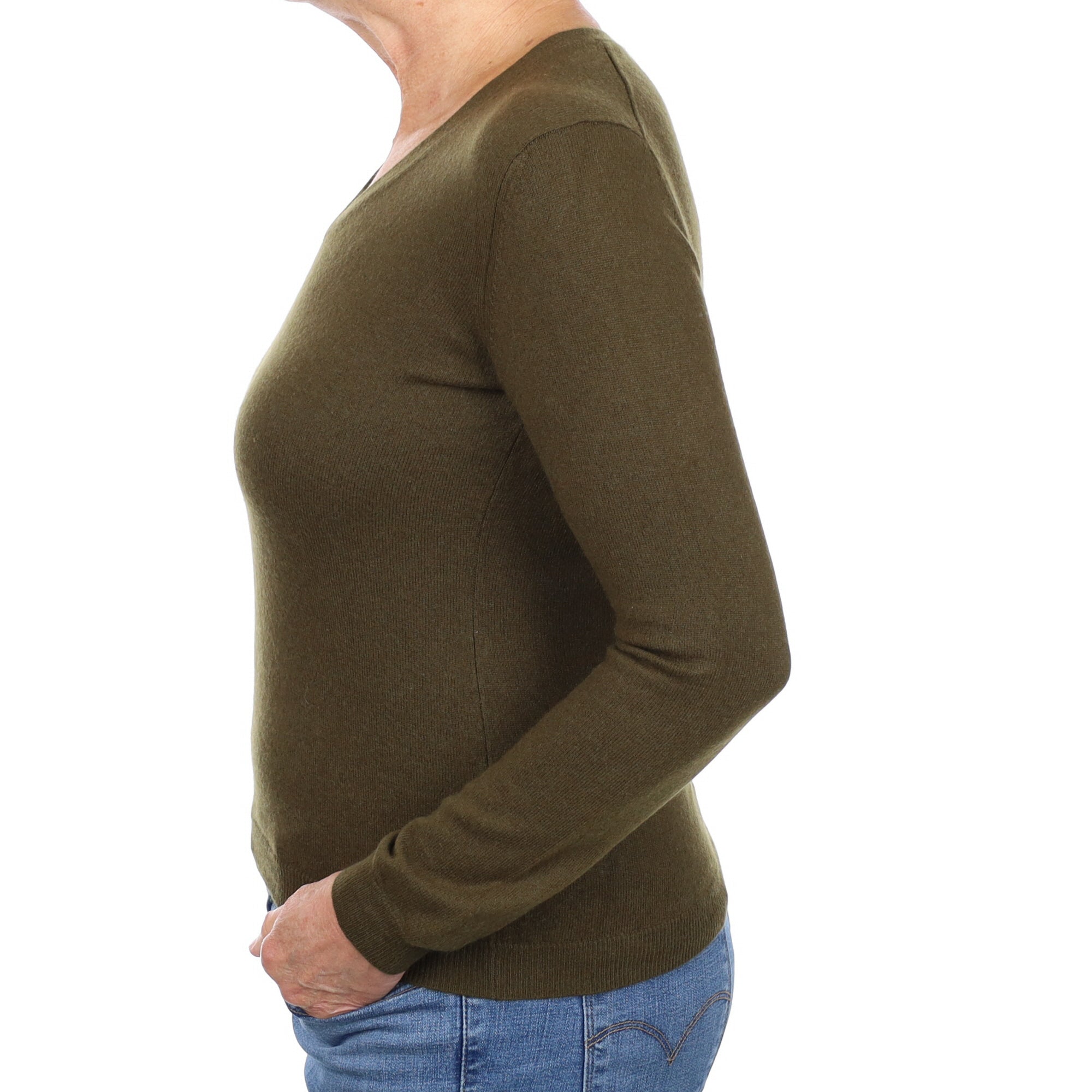 Khaki Green Cashmere V Neck Jumper Medium