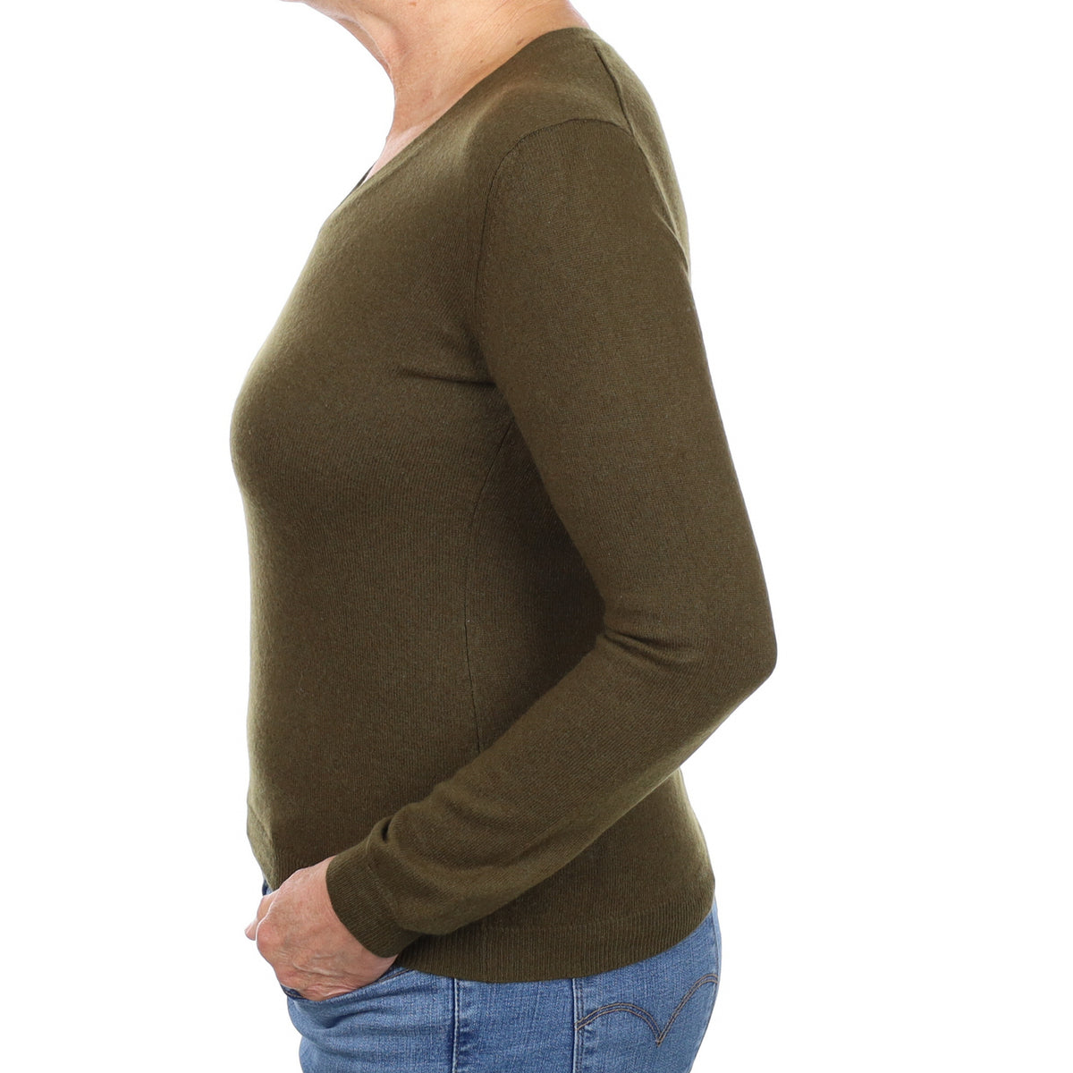 Khaki Green Cashmere V Neck Jumper Medium