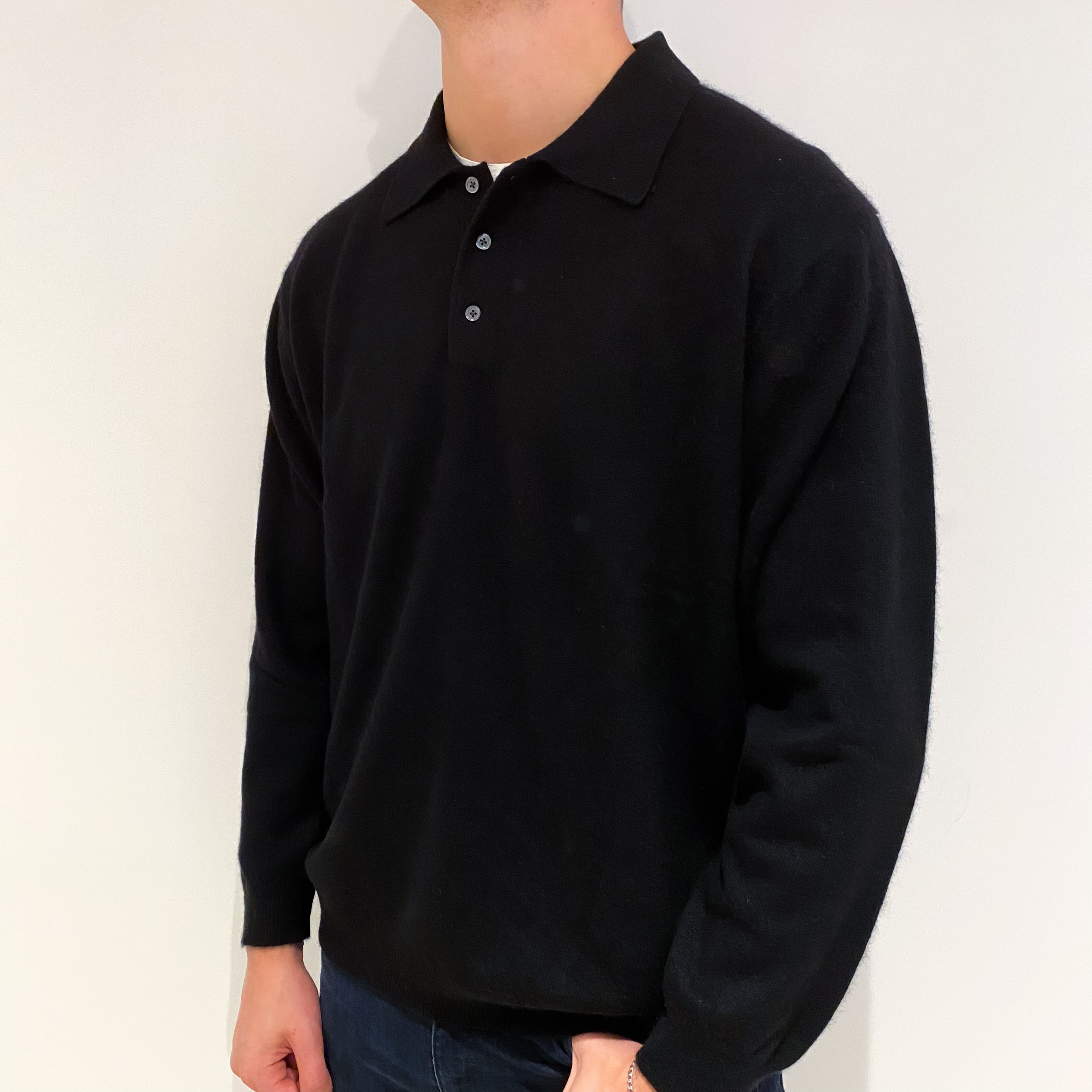 Men's Black Collar 1/4 Button Cashmere Jumper Extra Large