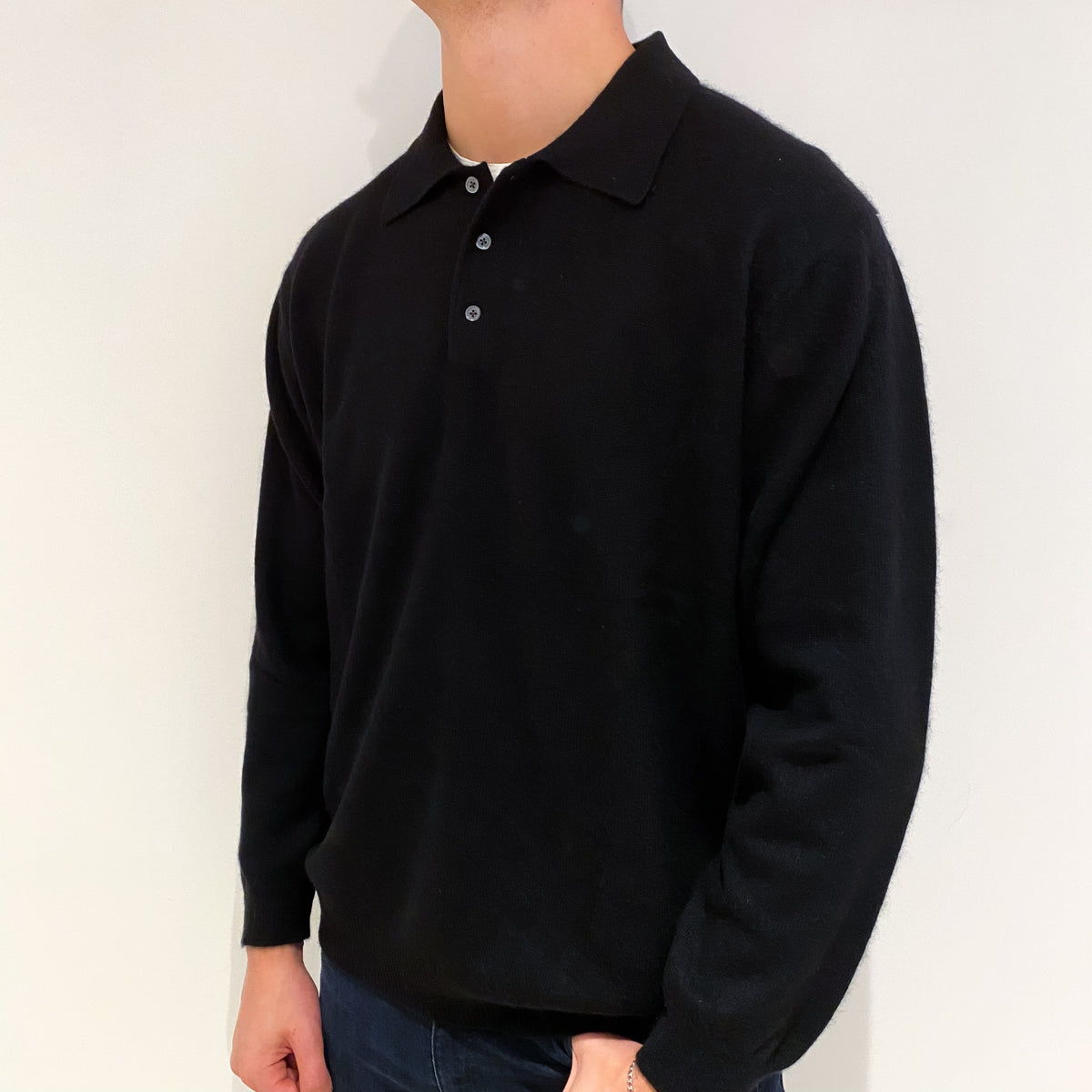 Men's Black Collar 1/4 Button Cashmere Jumper Extra Large