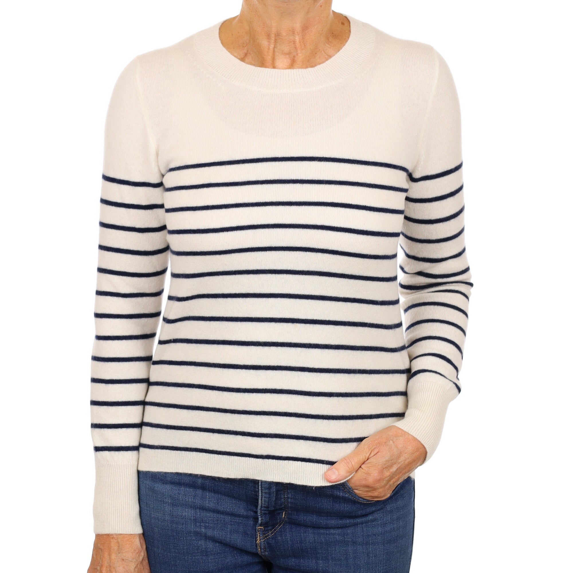 Cream and Navy Striped Cashmere Crew Neck Jumper Medium