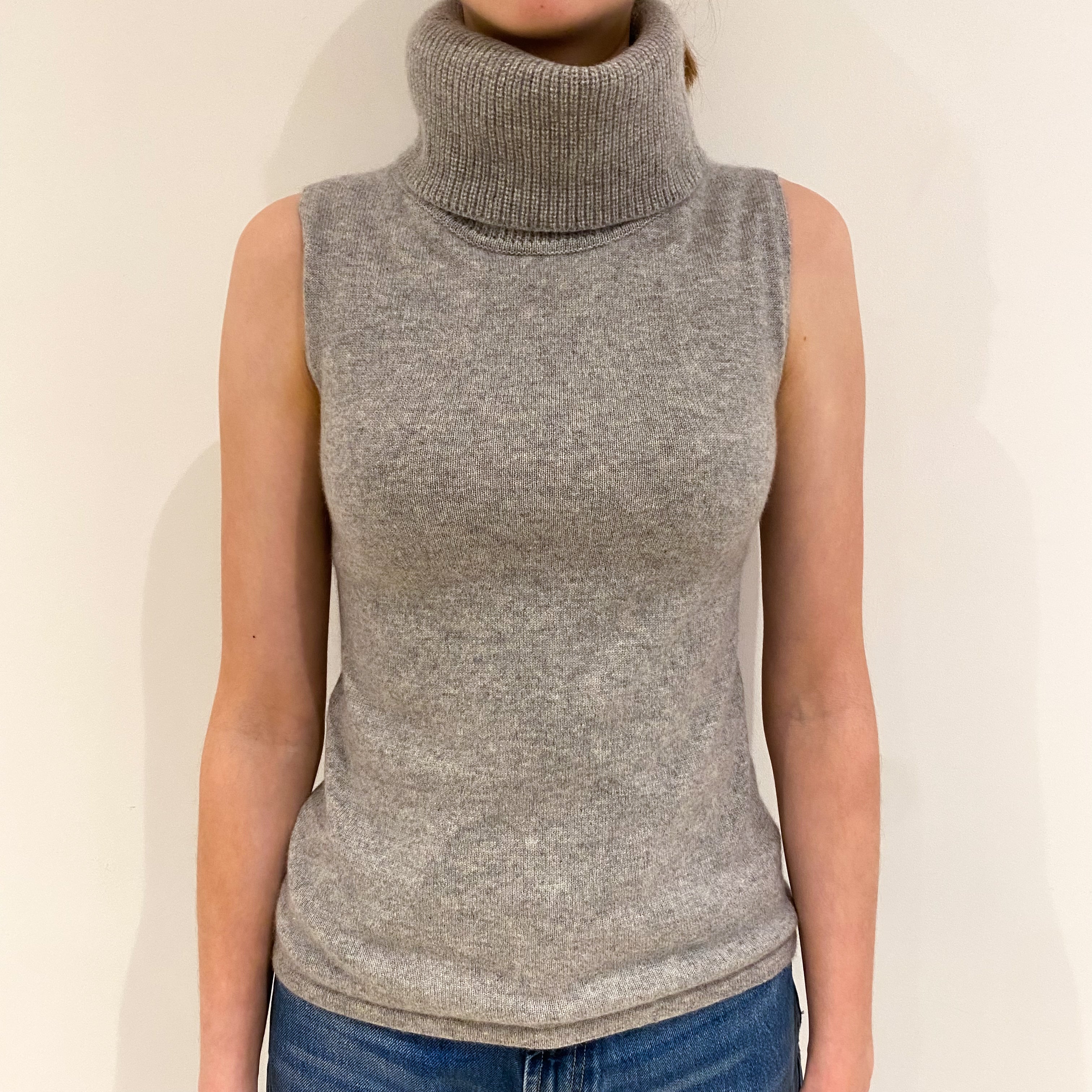 Smoke Grey Cashmere Sleeveless Polo Neck Jumper Extra Small