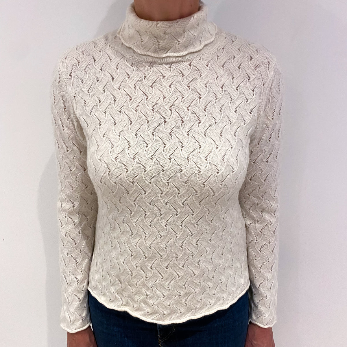 Ivory Lace Knit Cashmere Polo Neck Jumper Medium