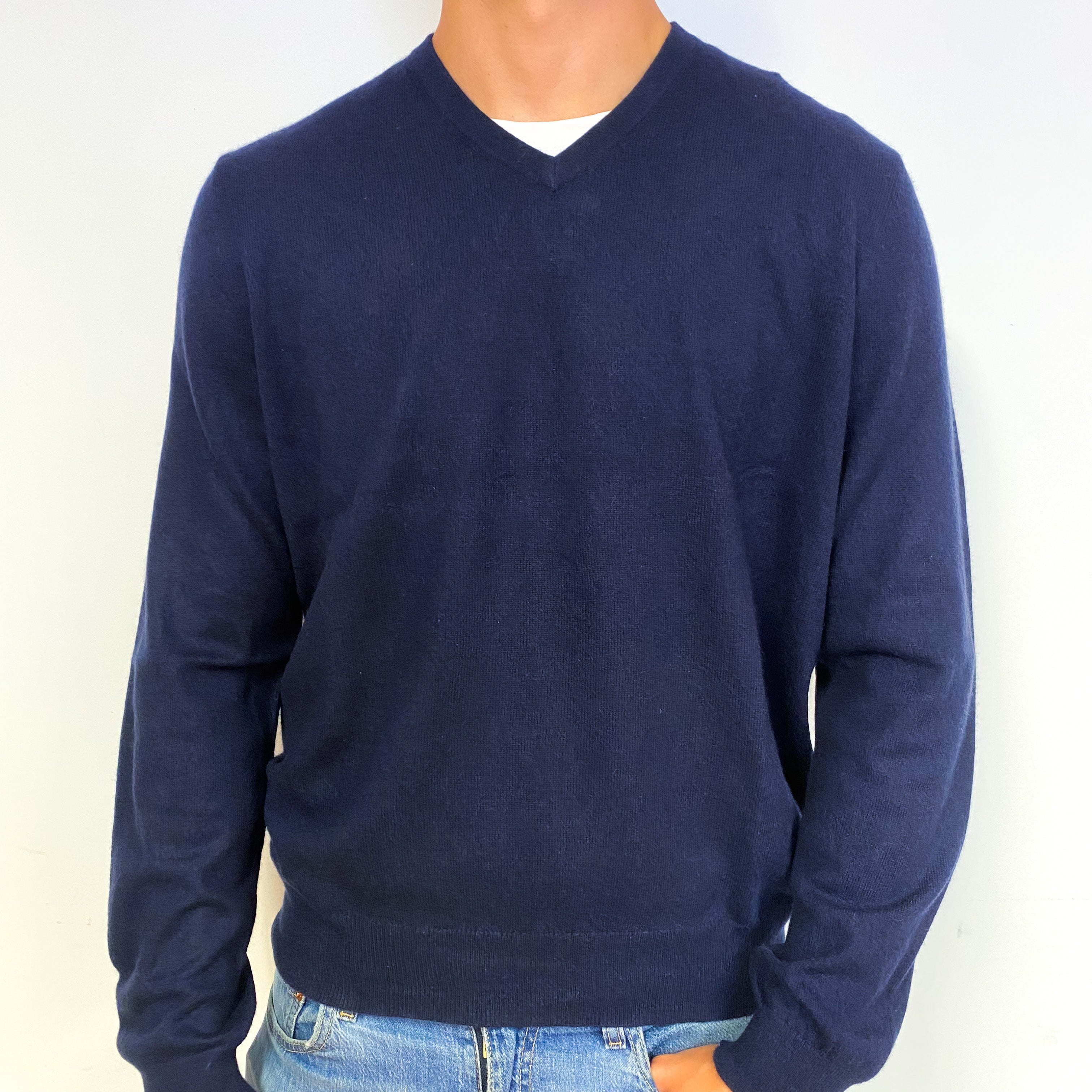 Men's Navy Blue Cashmere V-Neck Jumper Extra Large