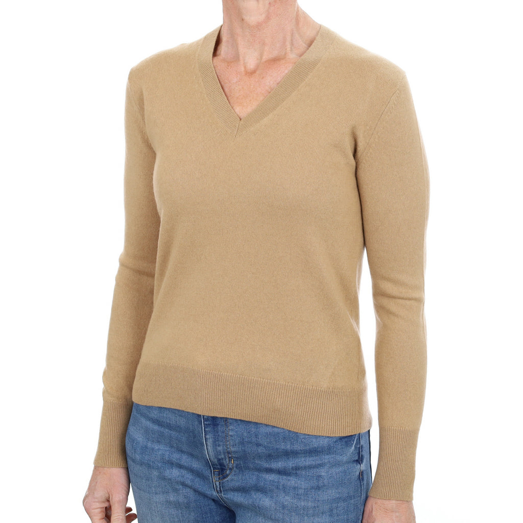 Camel Brown Cashmere V Neck Jumper Small