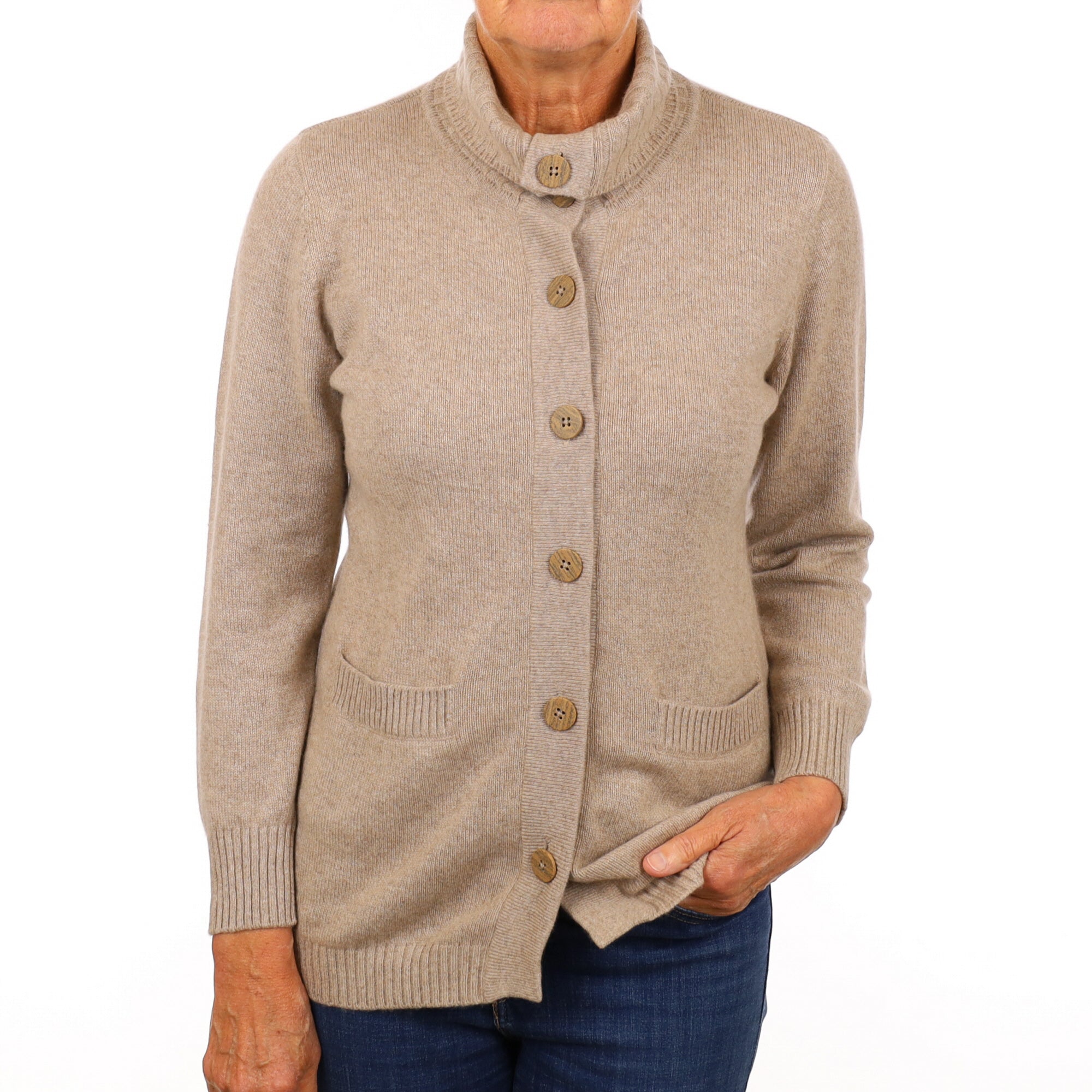 Fawn Beige Cashmere Polo Neck Cardigan with Pockets Medium