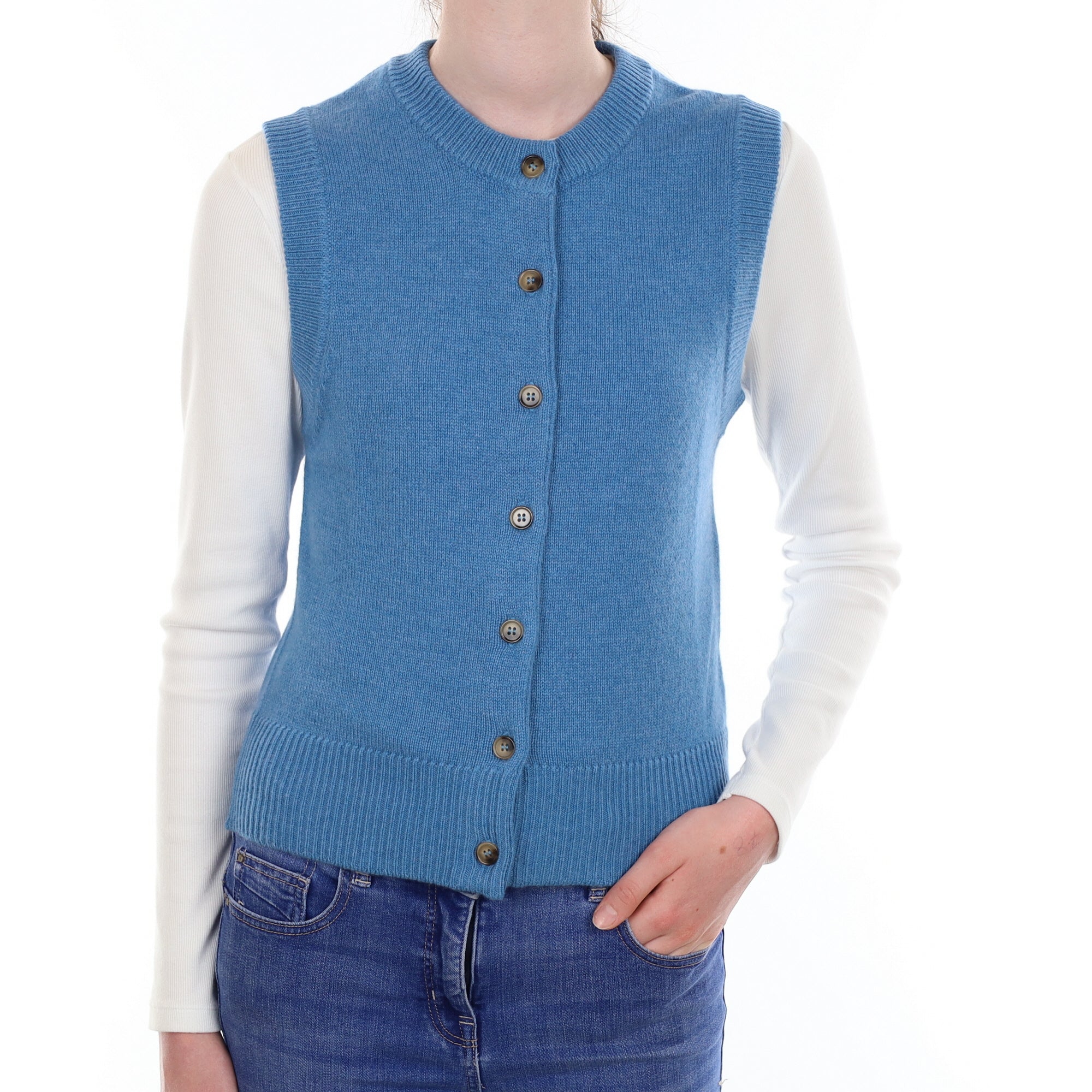 Brand New Mediterranean Blue Luxury Cashmere Crew Neck Waistcoat Extra Small UK 6-8