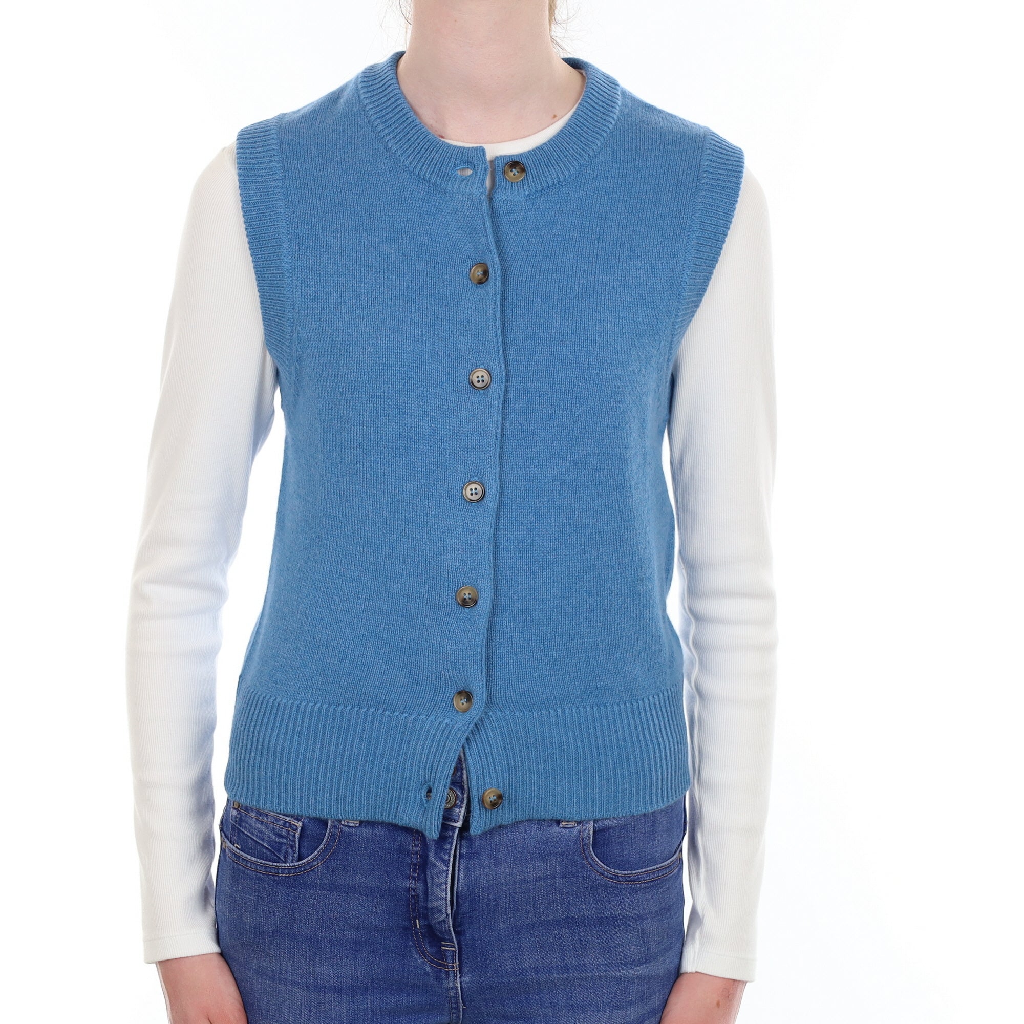 Brand New Mediterranean Blue Luxury Cashmere Crew Neck Waistcoat Extra Small UK 6-8