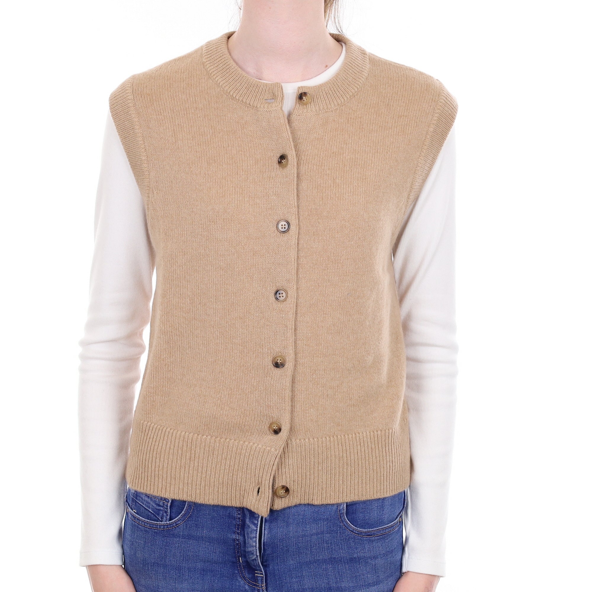 Brand New Caramel Luxury Cashmere Crew Neck Waistcoat Extra Small UK 6-8