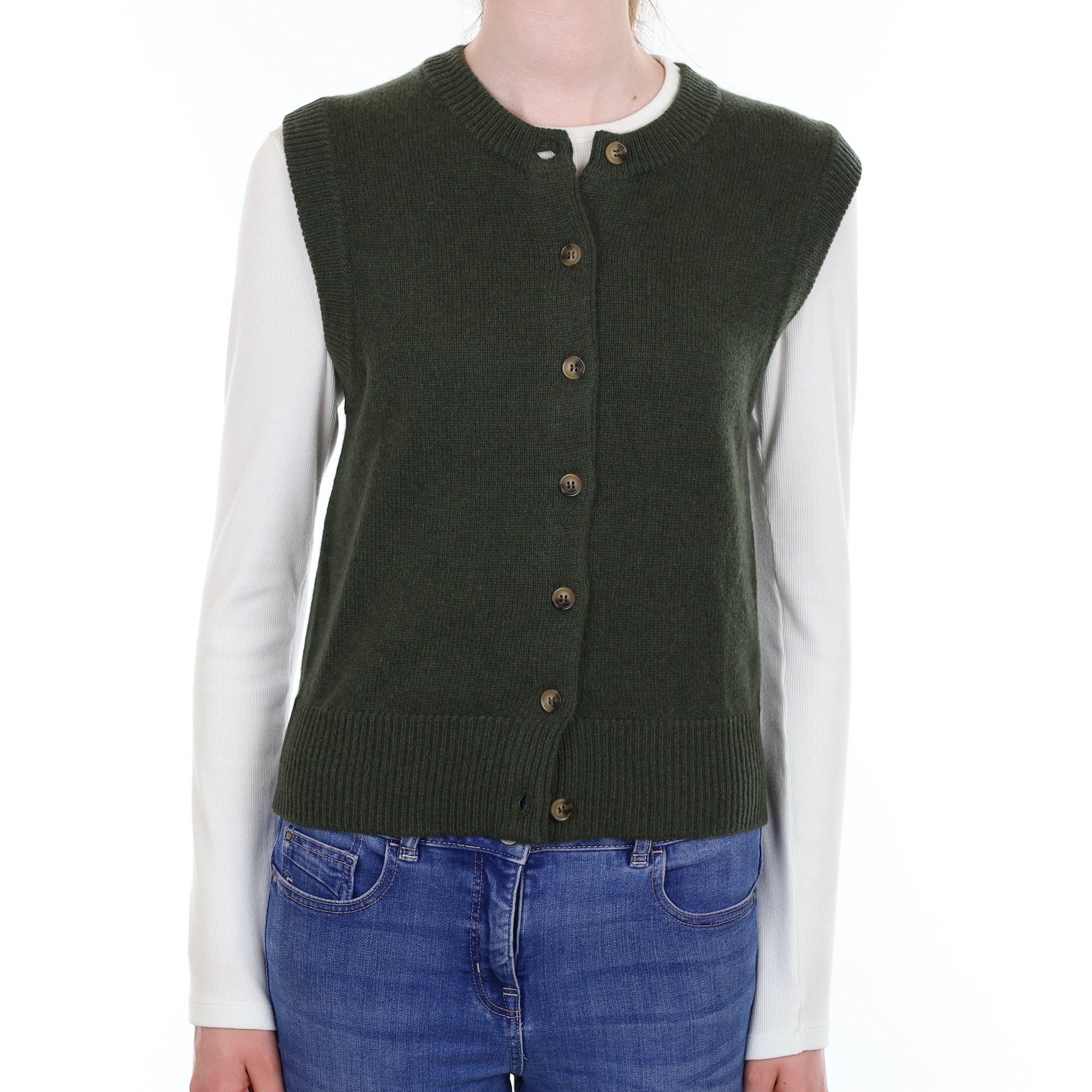 Brand New Khaki Luxury Cashmere Crew Neck Waistcoat Extra Small UK 6-8
