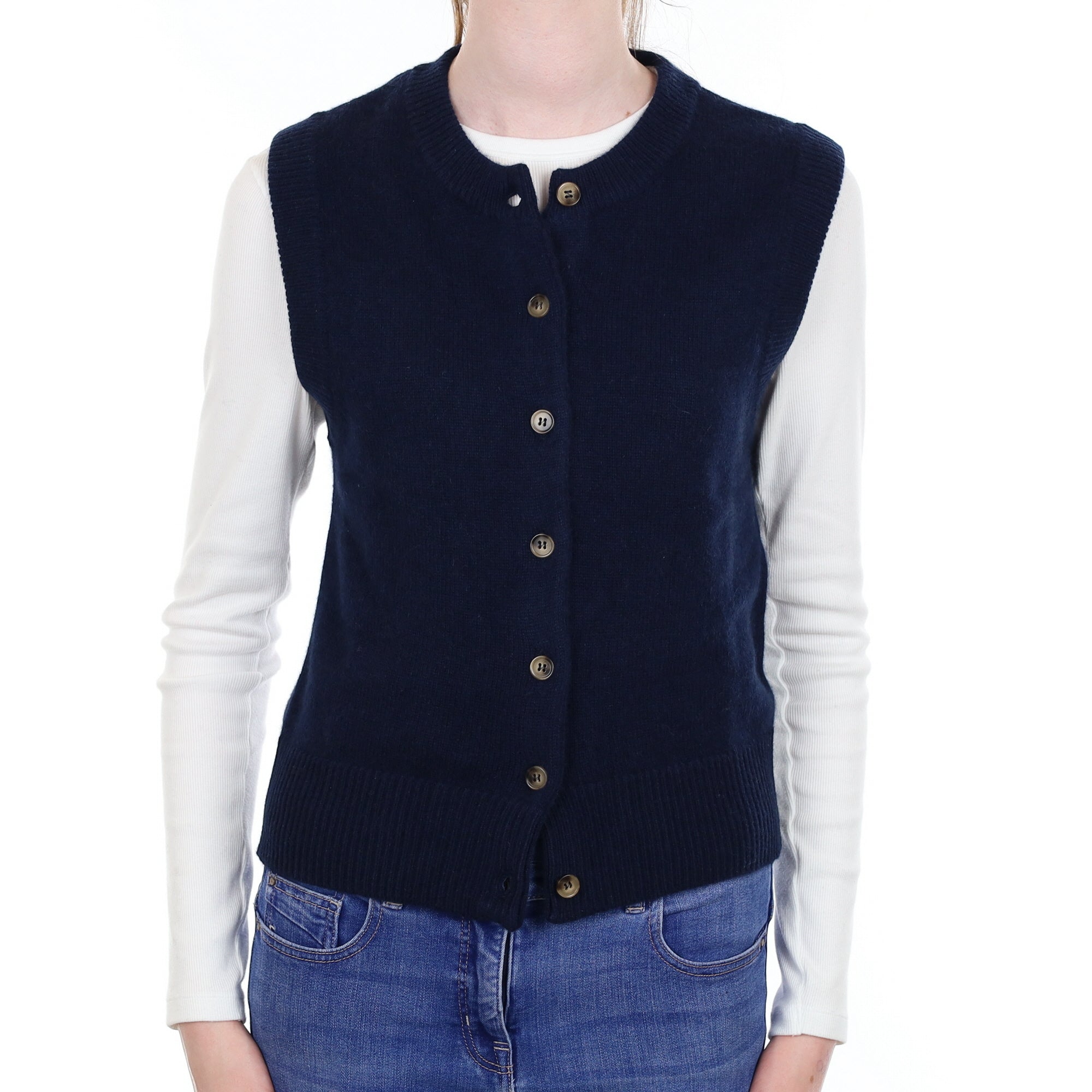 Brand New Navy Luxury Cashmere Crew Neck Waistcoat Extra Small UK 6-8