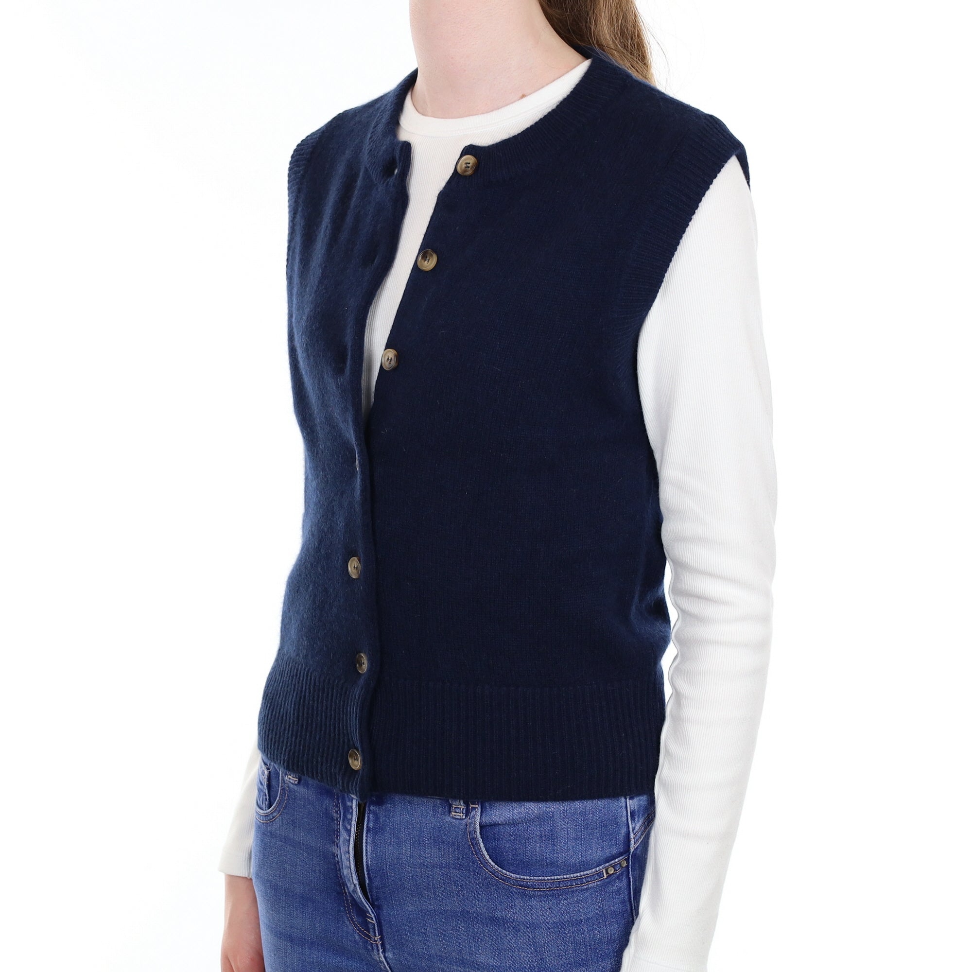 Brand New Navy Luxury Cashmere Crew Neck Waistcoat Extra Small UK 6-8