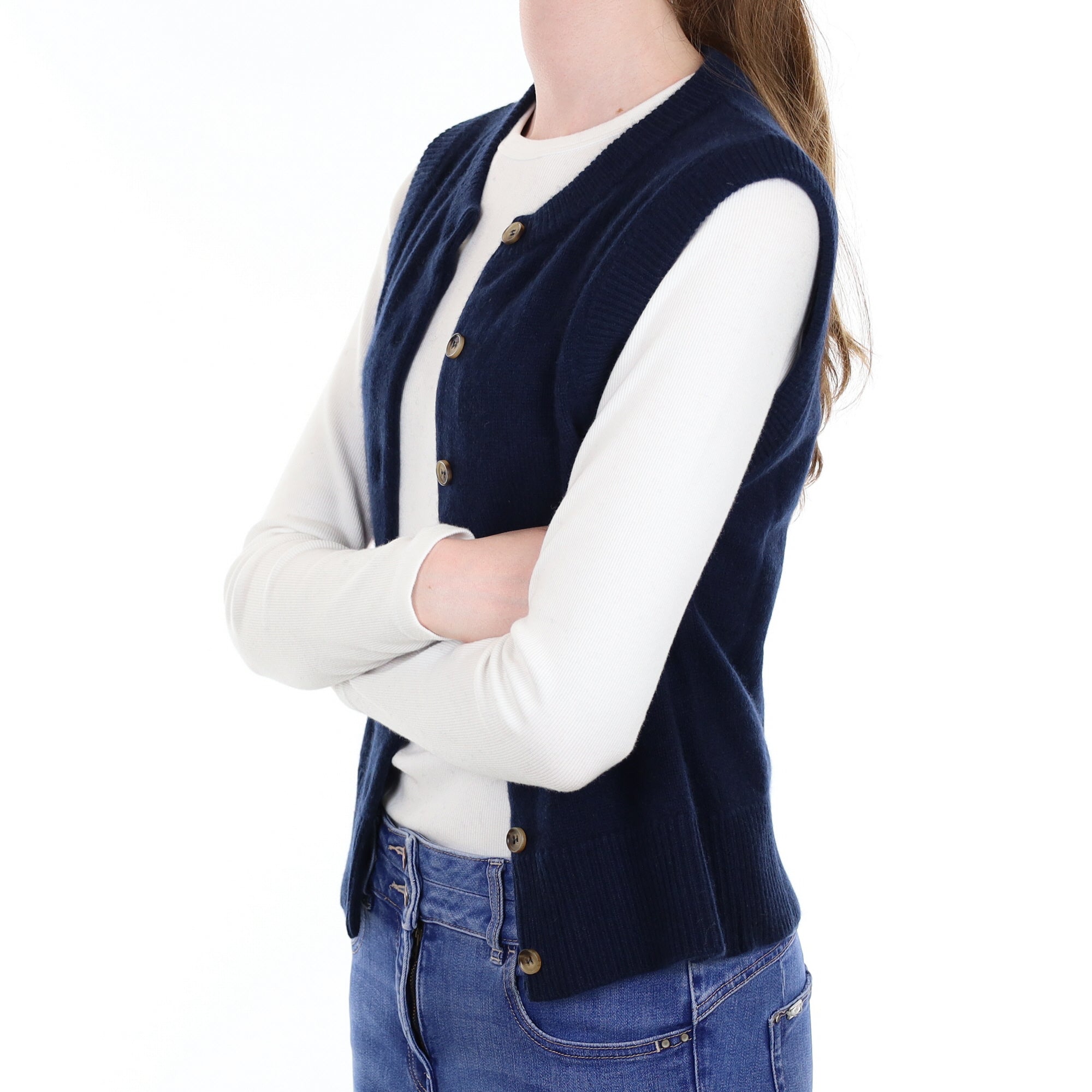 Brand New Navy Luxury Cashmere Crew Neck Waistcoat Extra Small UK 6-8