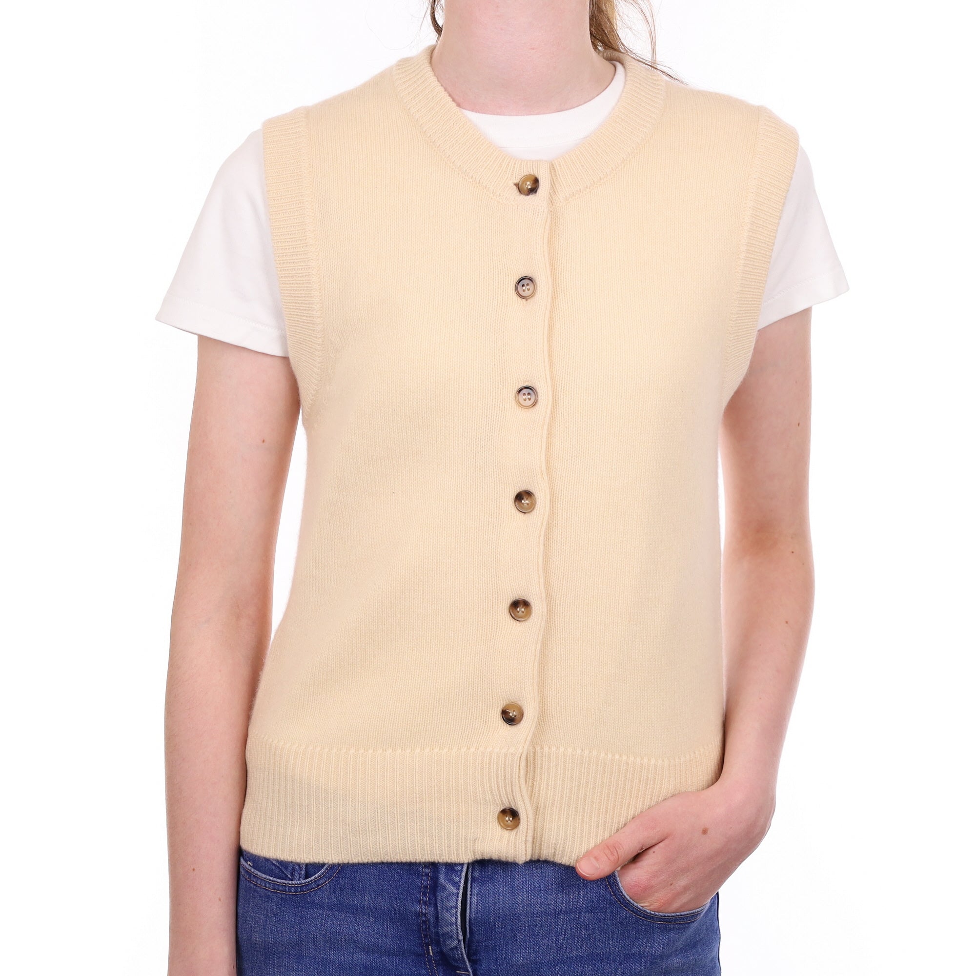 Brand New Vanilla Cream Cashmere Crew Neck Waistcoat Extra Small UK 6-8