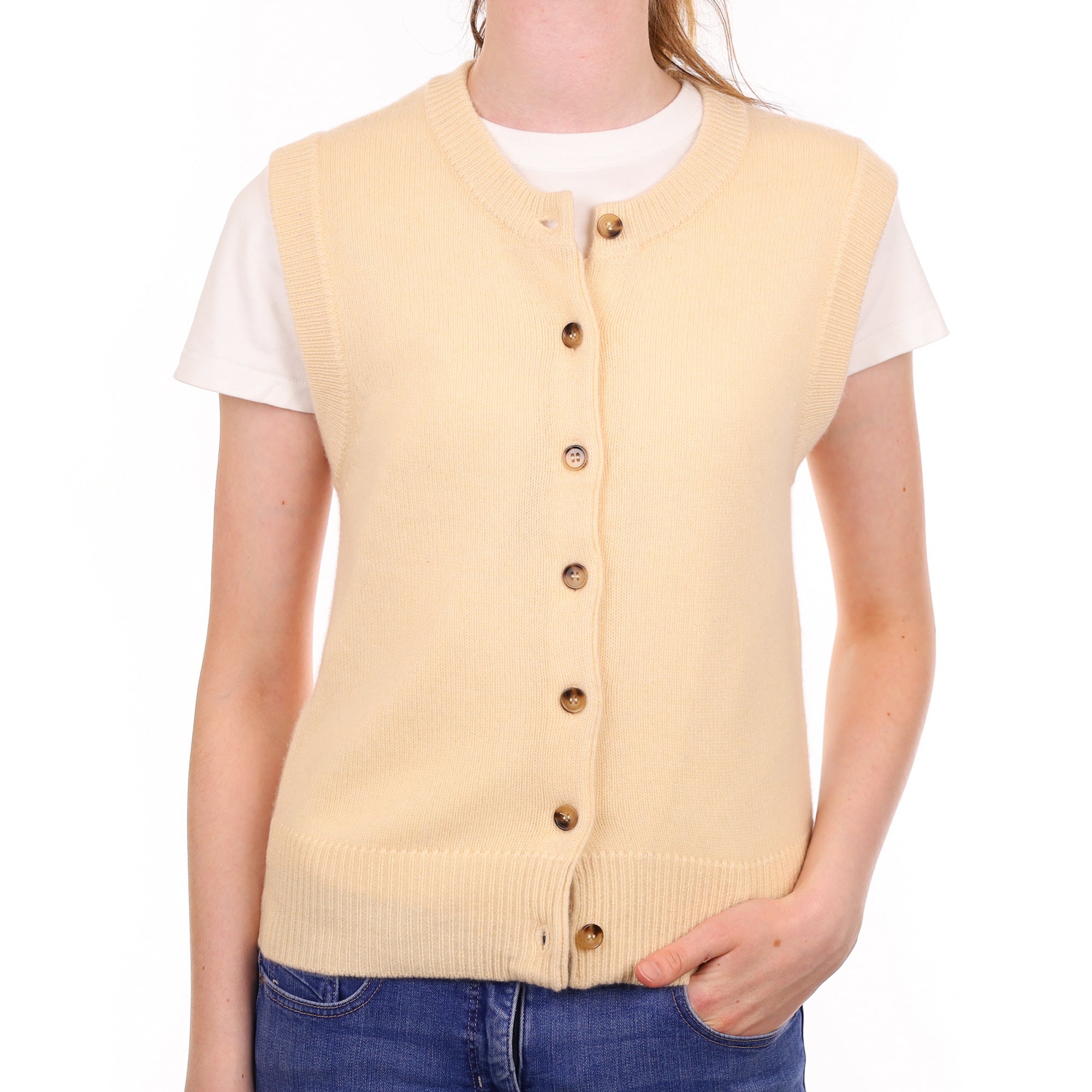 Brand New Vanilla Cream Cashmere Crew Neck Waistcoat Extra Small UK 6-8