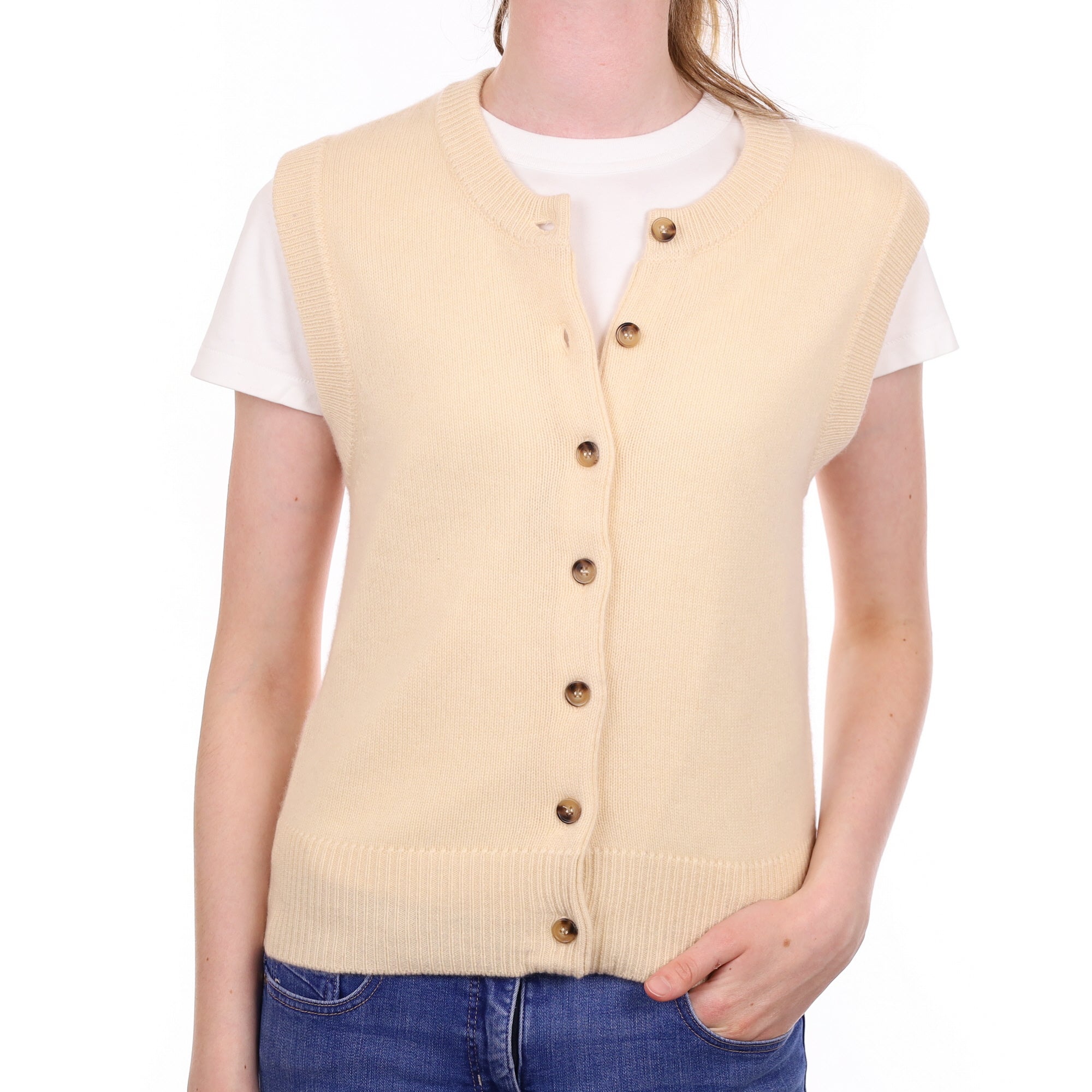 Brand New Vanilla Cream Cashmere Crew Neck Waistcoat Extra Small UK 6-8