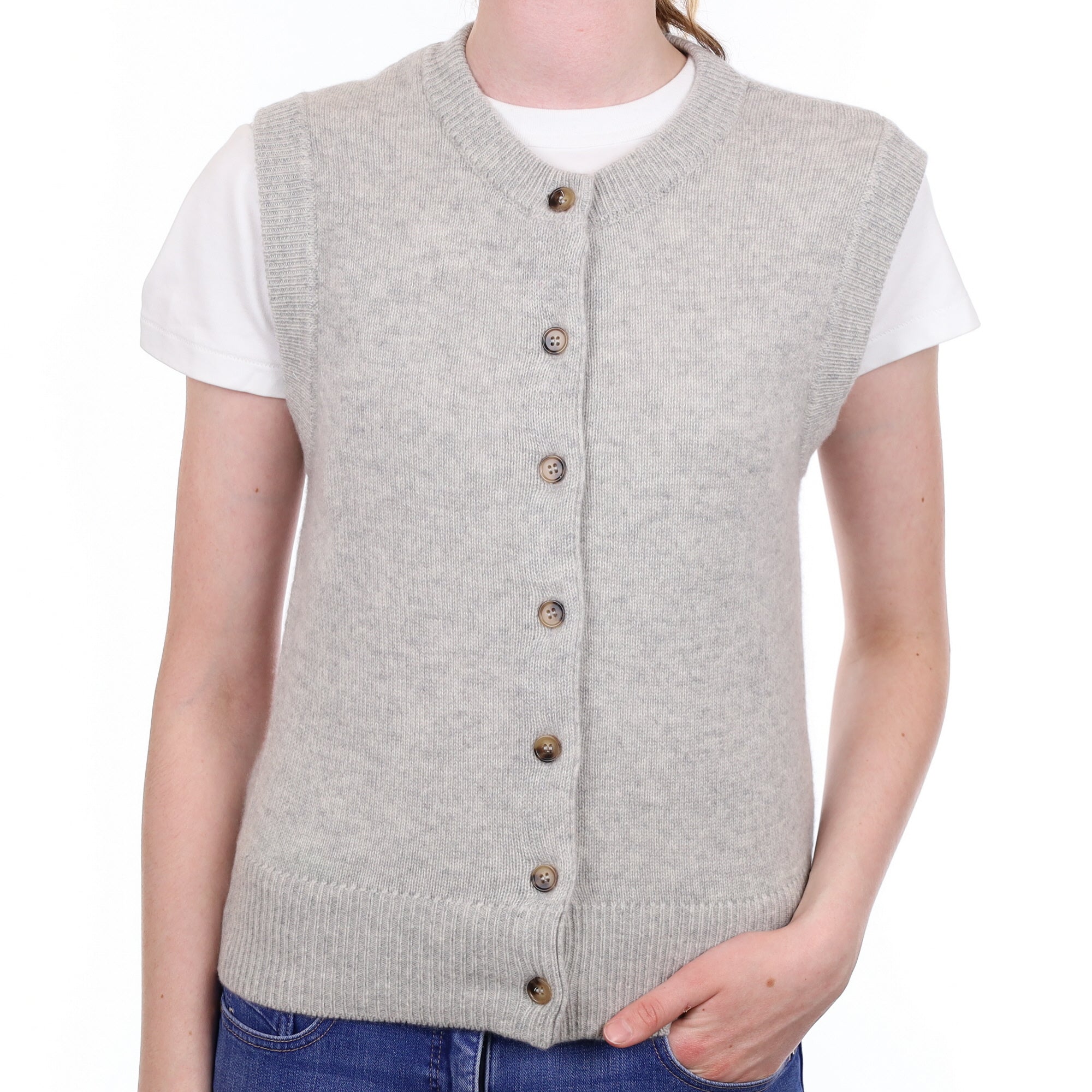 Brand New Mist Grey Luxury Cashmere Crew Neck Waistcoat Extra Small UK 6-8