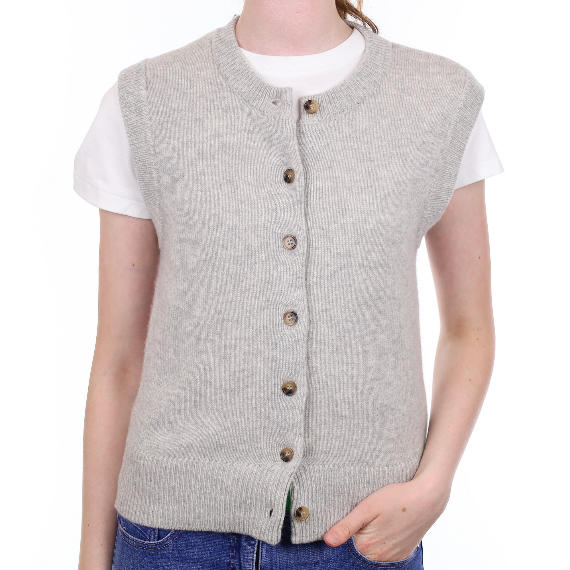 Brand New Mist Grey Luxury Cashmere Crew Neck Waistcoat Extra Small UK 6-8