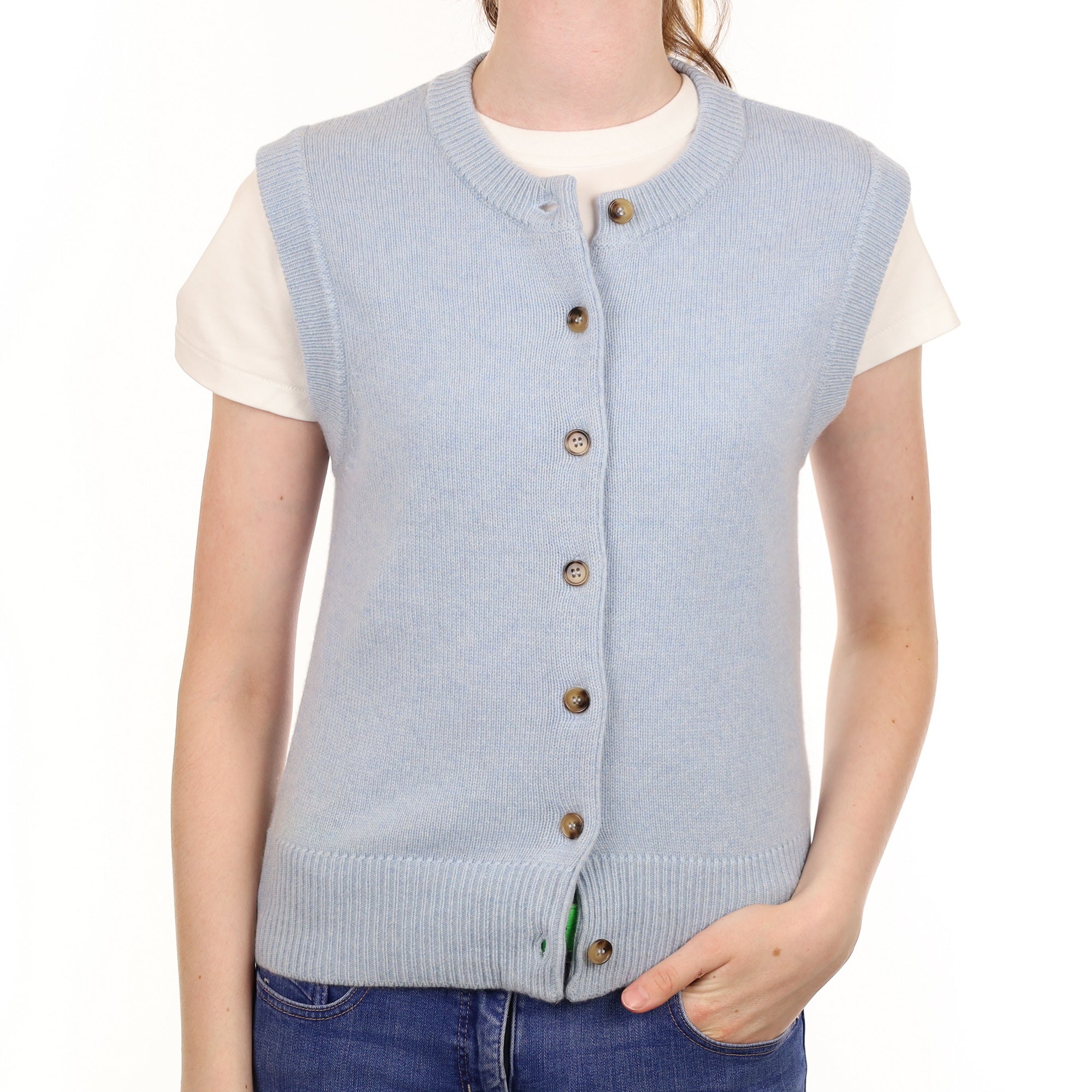 Brand New Baby Blue Cashmere Crew Neck Waistcoat Extra Small UK 6-8
