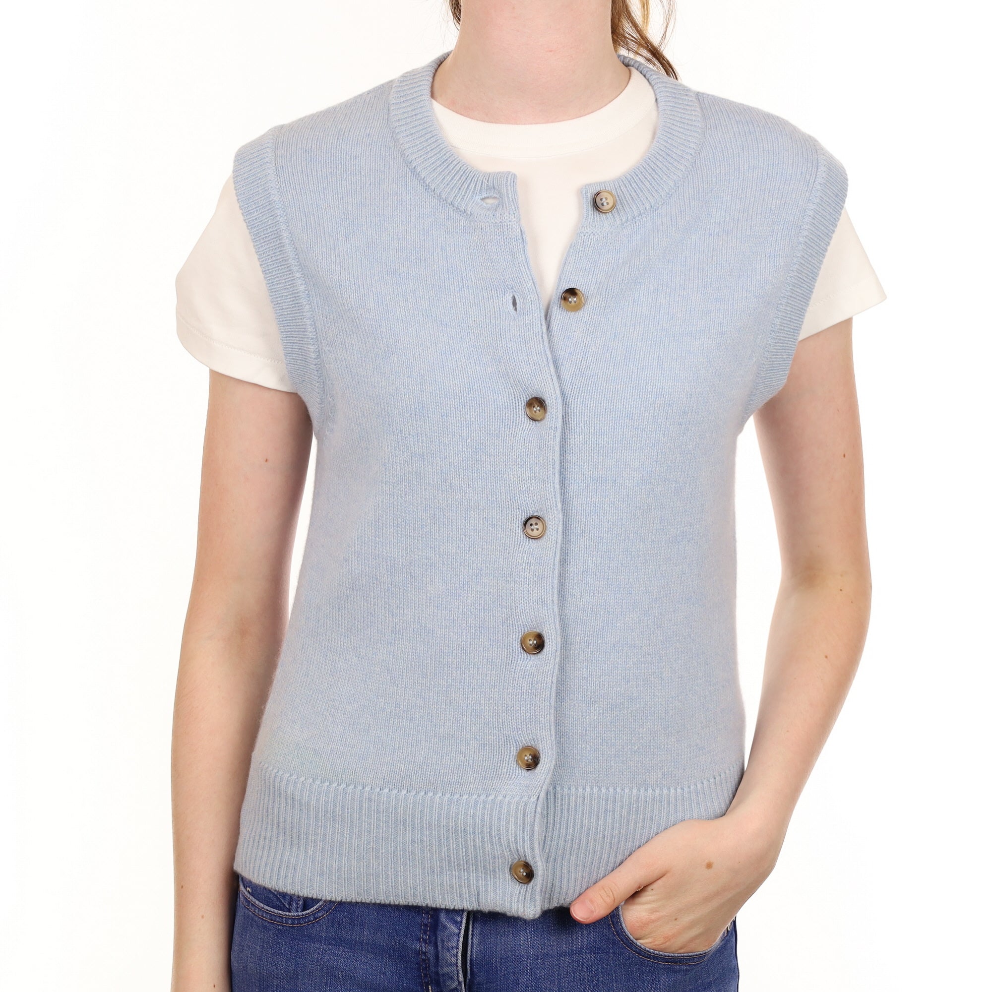 Brand New Baby Blue Cashmere Crew Neck Waistcoat Extra Small UK 6-8