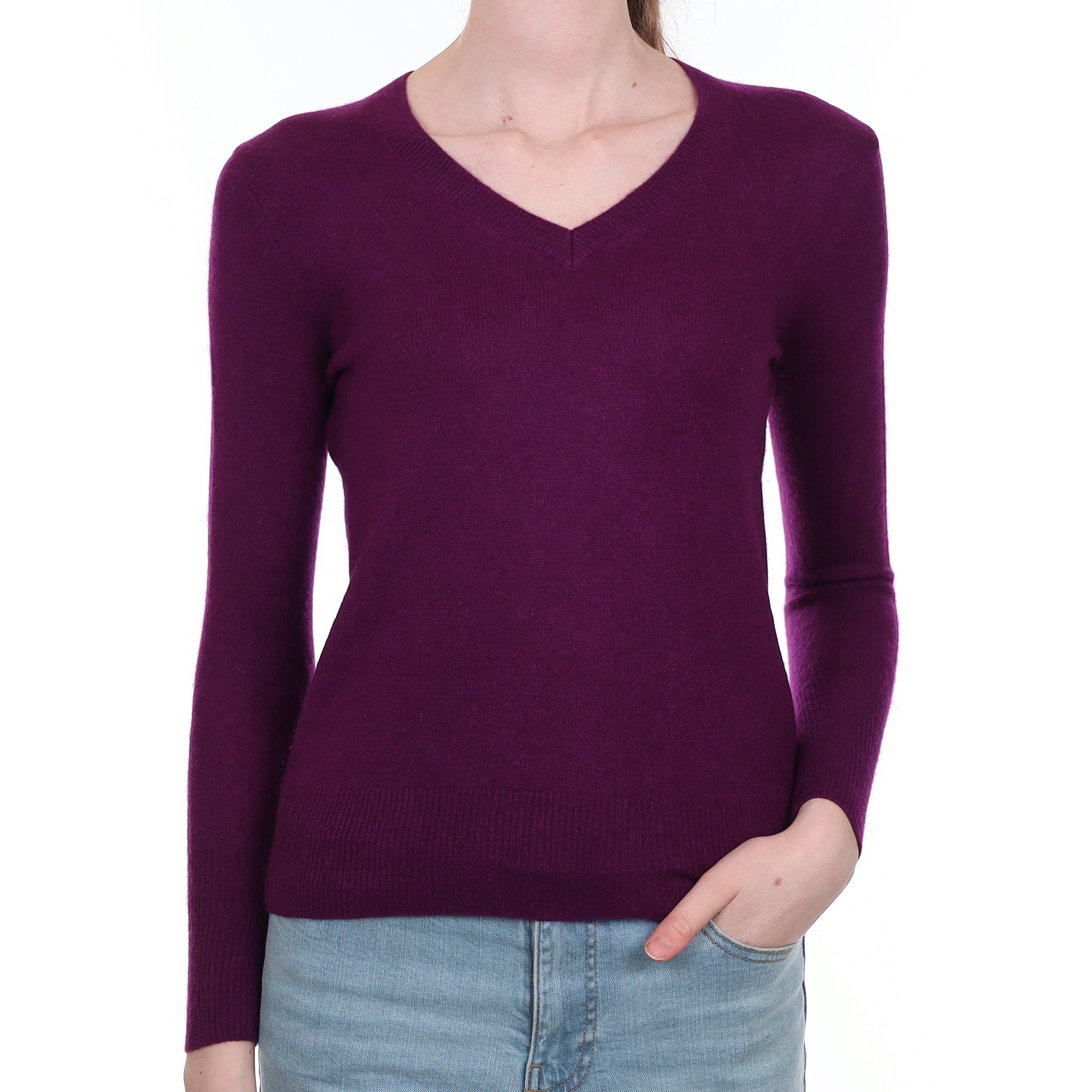 Plum Purple Cashmere V Neck Jumper 2XS