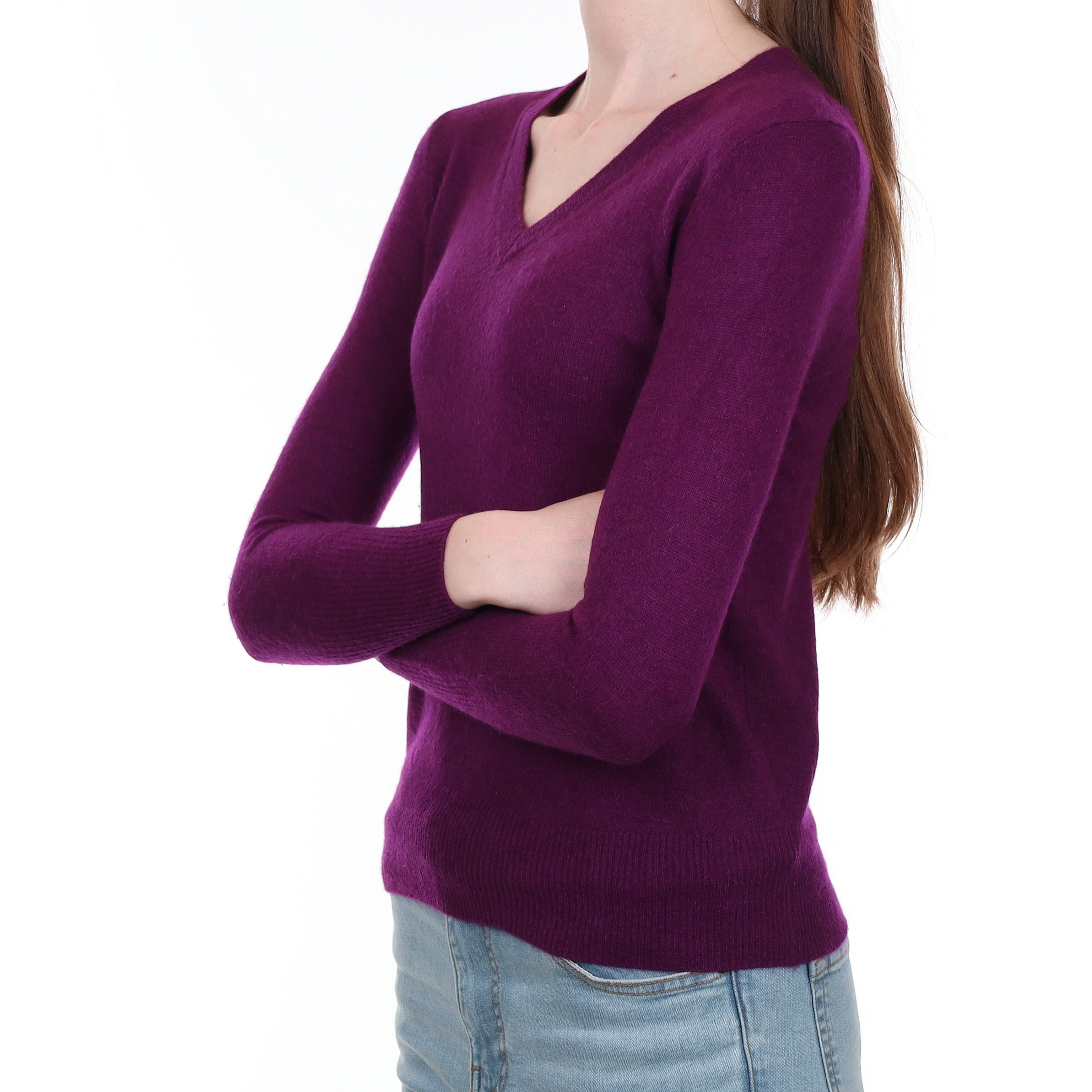 Plum Purple Cashmere V Neck Jumper 2XS