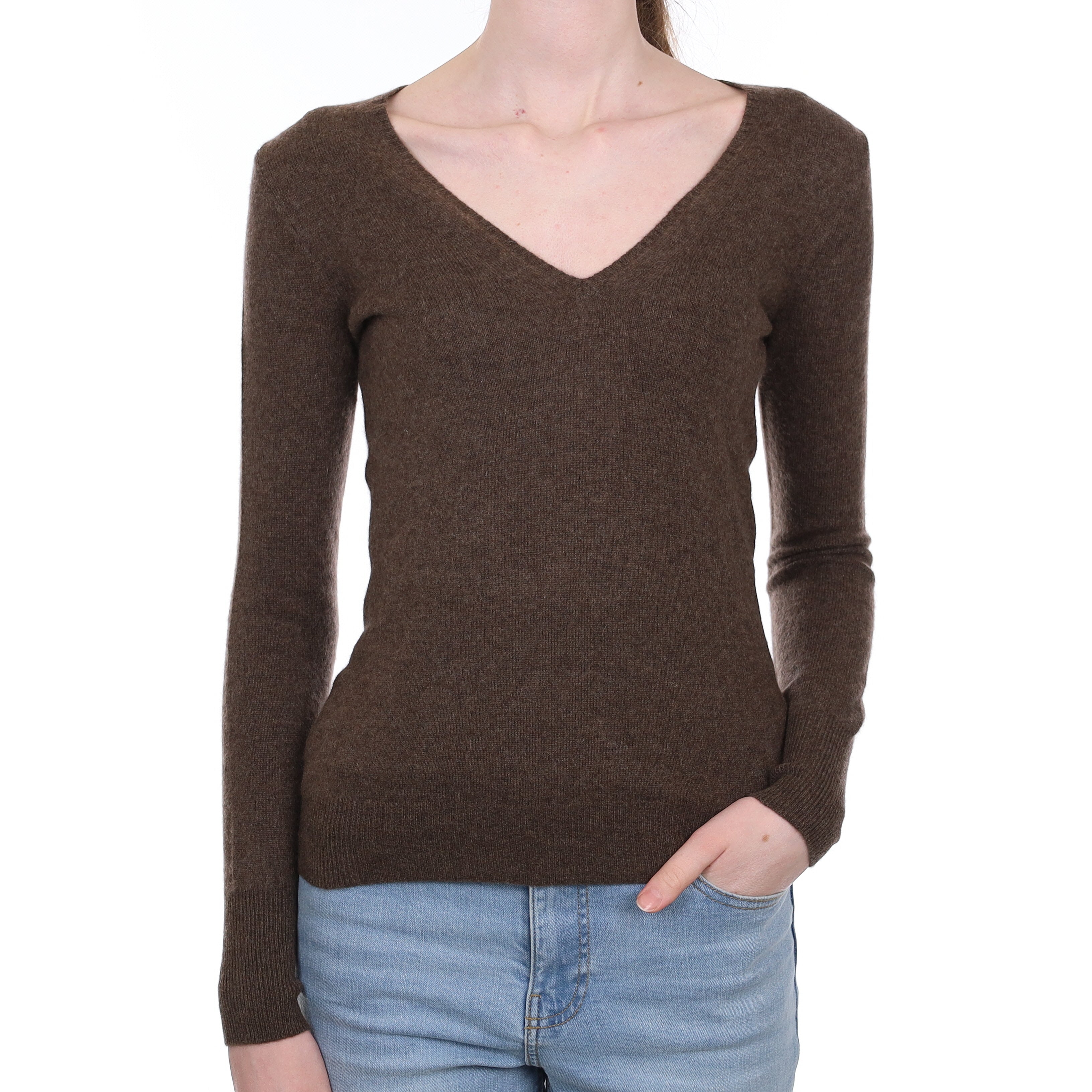 Mole Brown Cashmere V Neck Jumper Extra Small