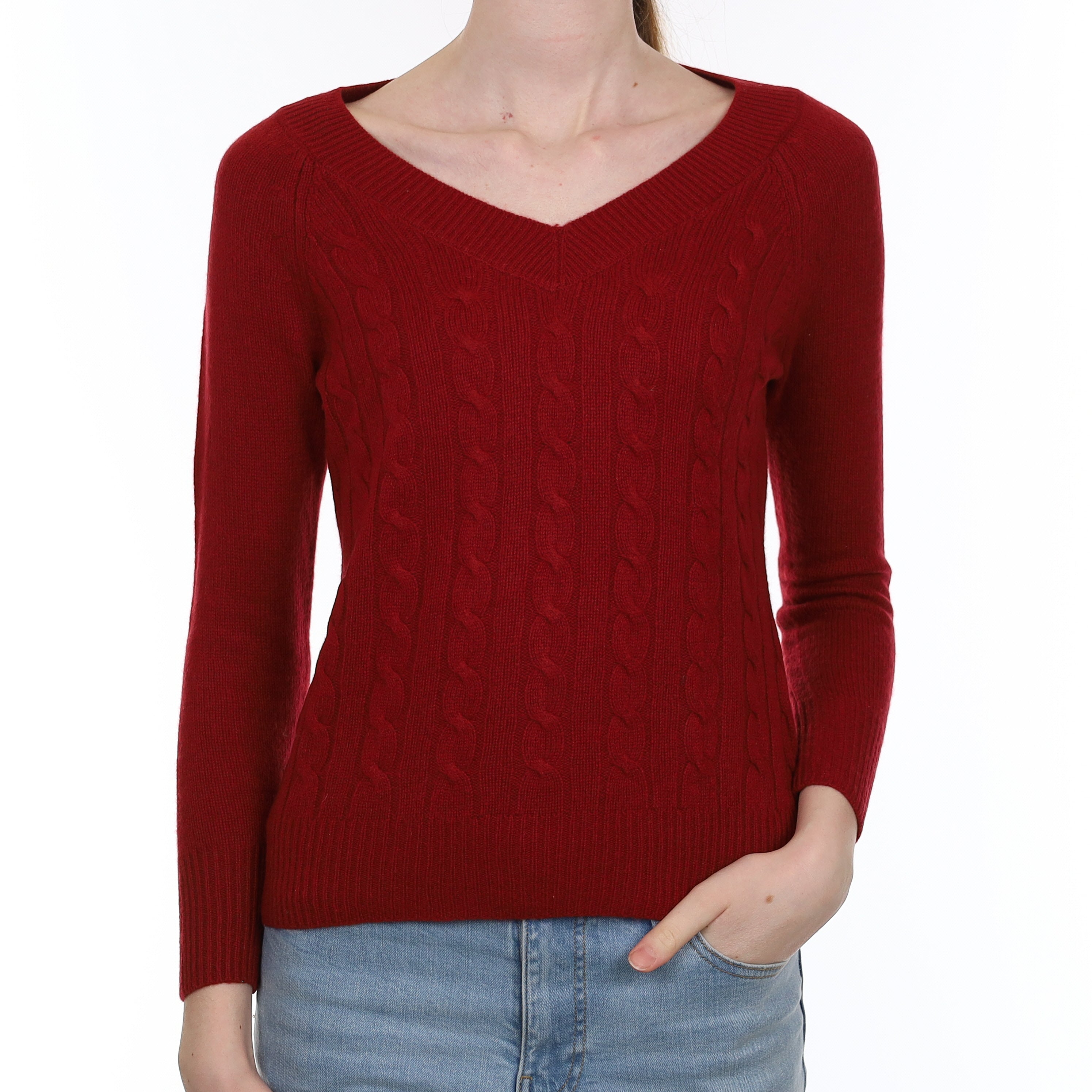 Brick Red Cable Cashmere V Neck Jumper Extra Small