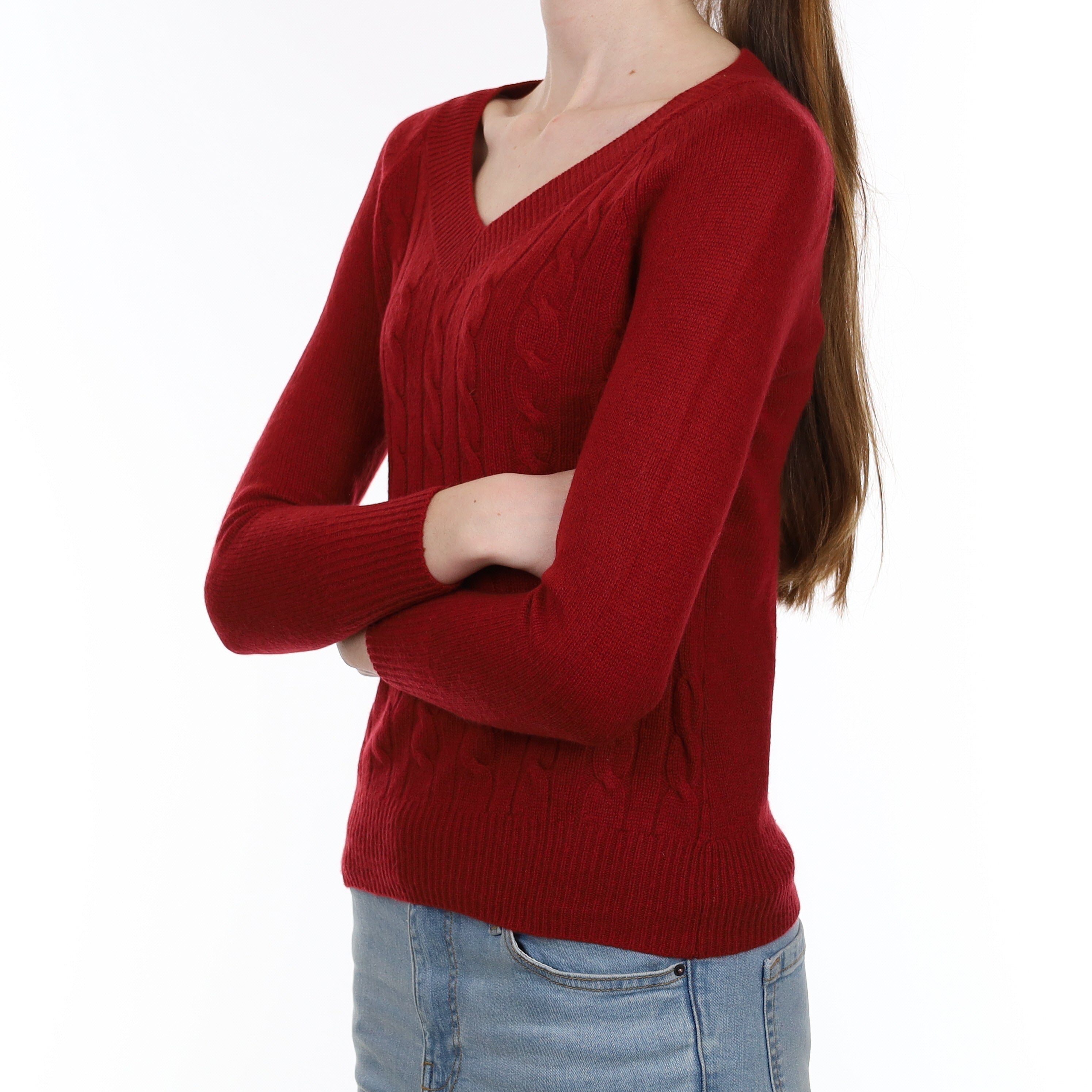 Brick Red Cable Cashmere V Neck Jumper Extra Small