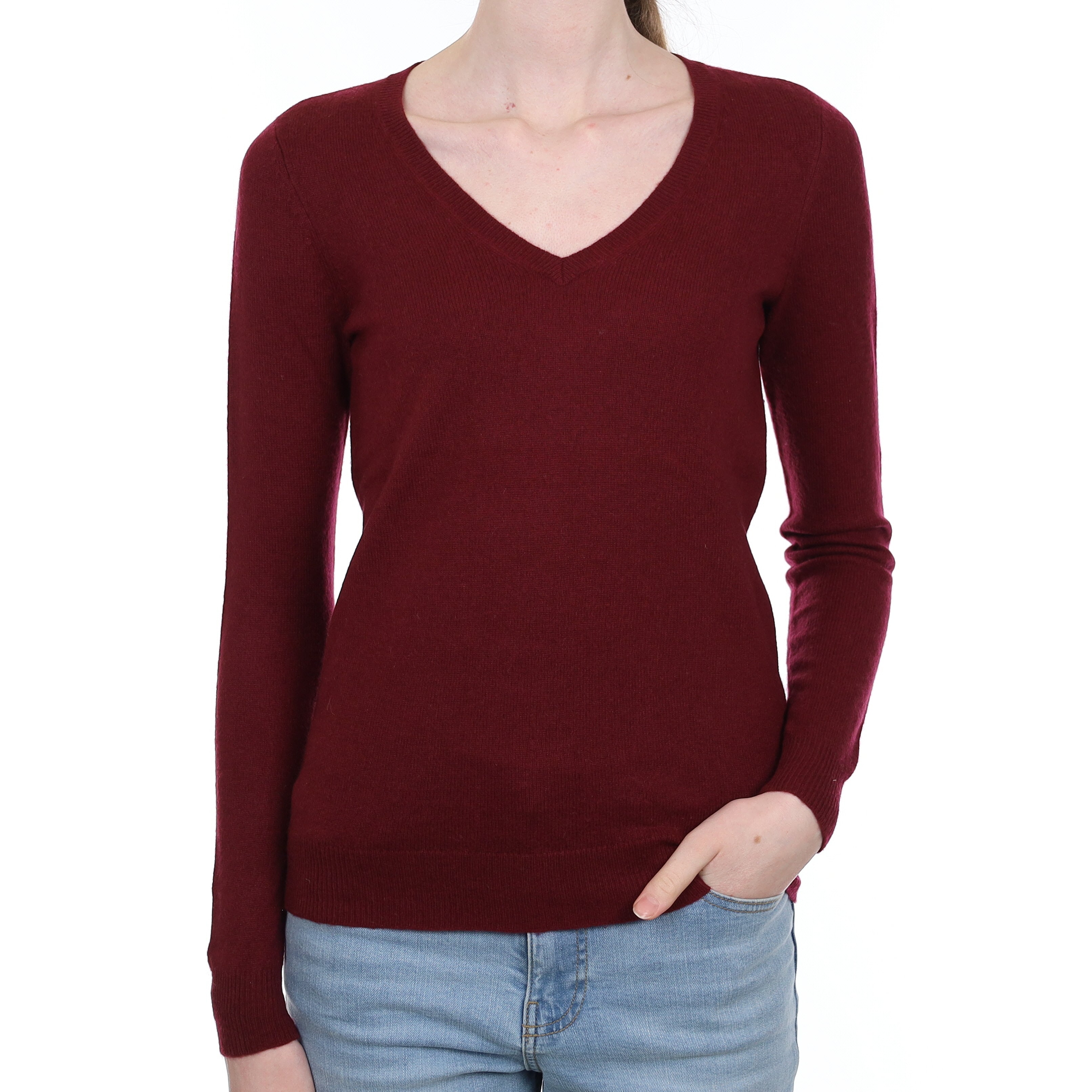 Burgundy Cashmere V Neck Jumper Extra Small