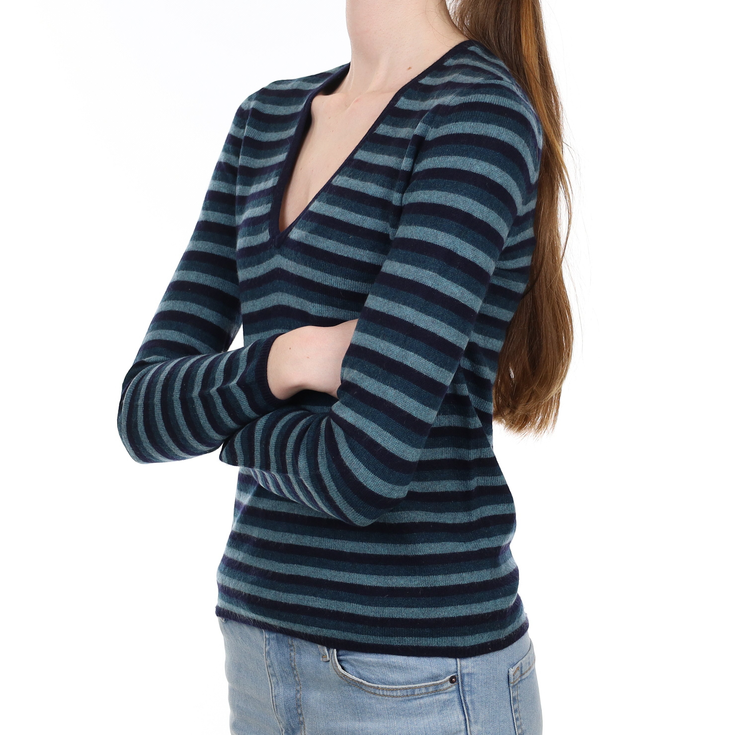 Blue and Navy Striped Cashmere V Neck Jumper Extra Small